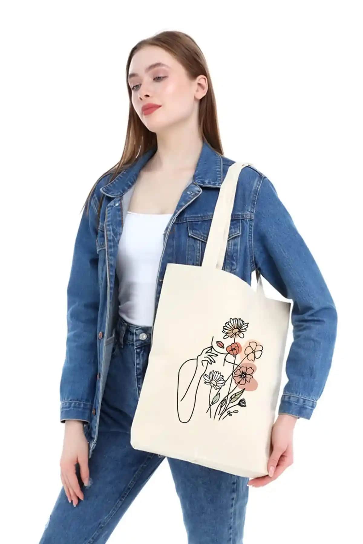 Çınar Bez Çanta Kanvas Çiçek Baskılı Şık ve Dayanıklı Günlük Kullanım Çantası