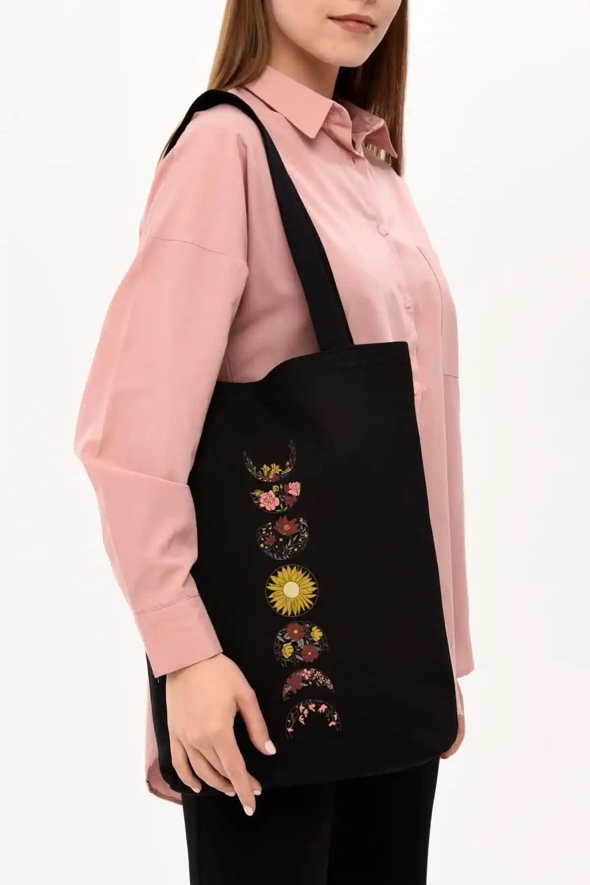 Çınar Bez Çanta Siyah Kanvas Yarım Ay Baskılı Günlük Kullanım Modası