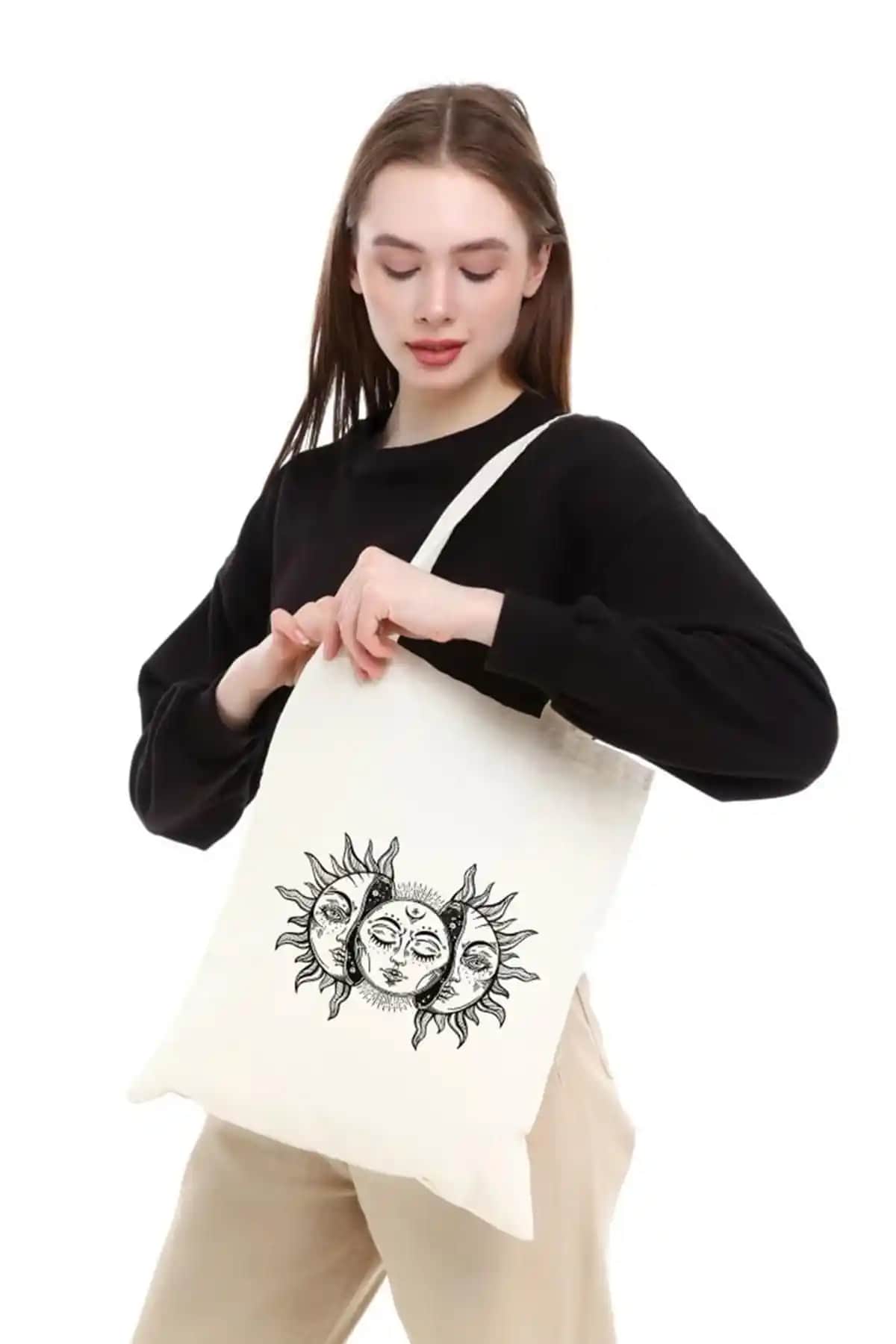 Çınar Bez Çanta Vintage Güneş ve Ay Baskılı Organik Ham Bez Çanta Doğa Dostu Tasarım