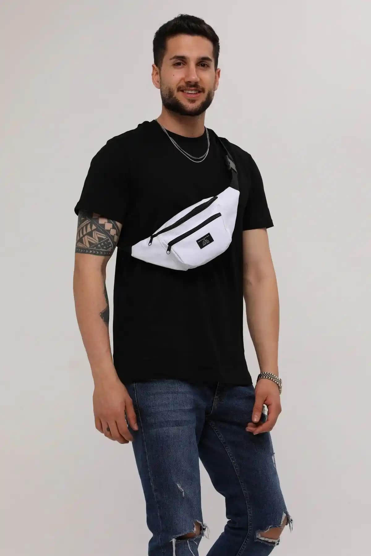 D'VERS Unisex Beyaz 2 Bölmeli Omuz ve Bel Çantası Günlük ve Şık Tasarım