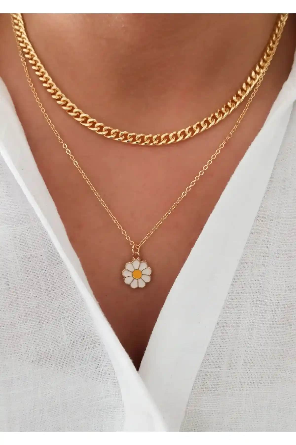 DENİZDENAL Kalın Zincir Papatya Seti Şık ve Çok Yönlü Kadın Takısı
