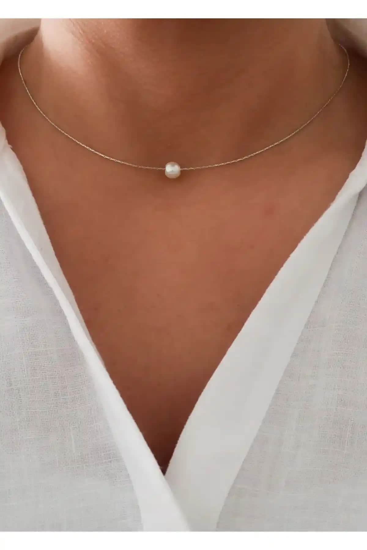 Denizdenal Tek İncili Zincir Gümüş Kaplama Şık ve Dayanıklı Kolye - Günlük ve Özel Kullanım İçin