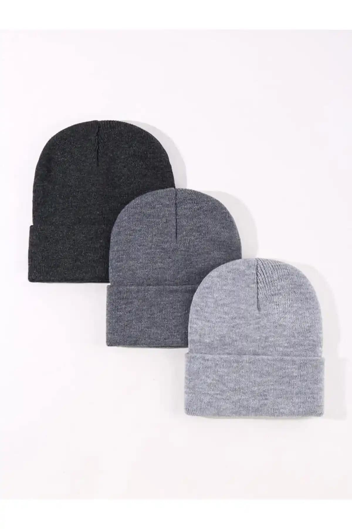 Eke Tekstil Unisex Katlamalı Bere Seti Antrasit ve Gri Renklerde Günlük Kullanım İçin