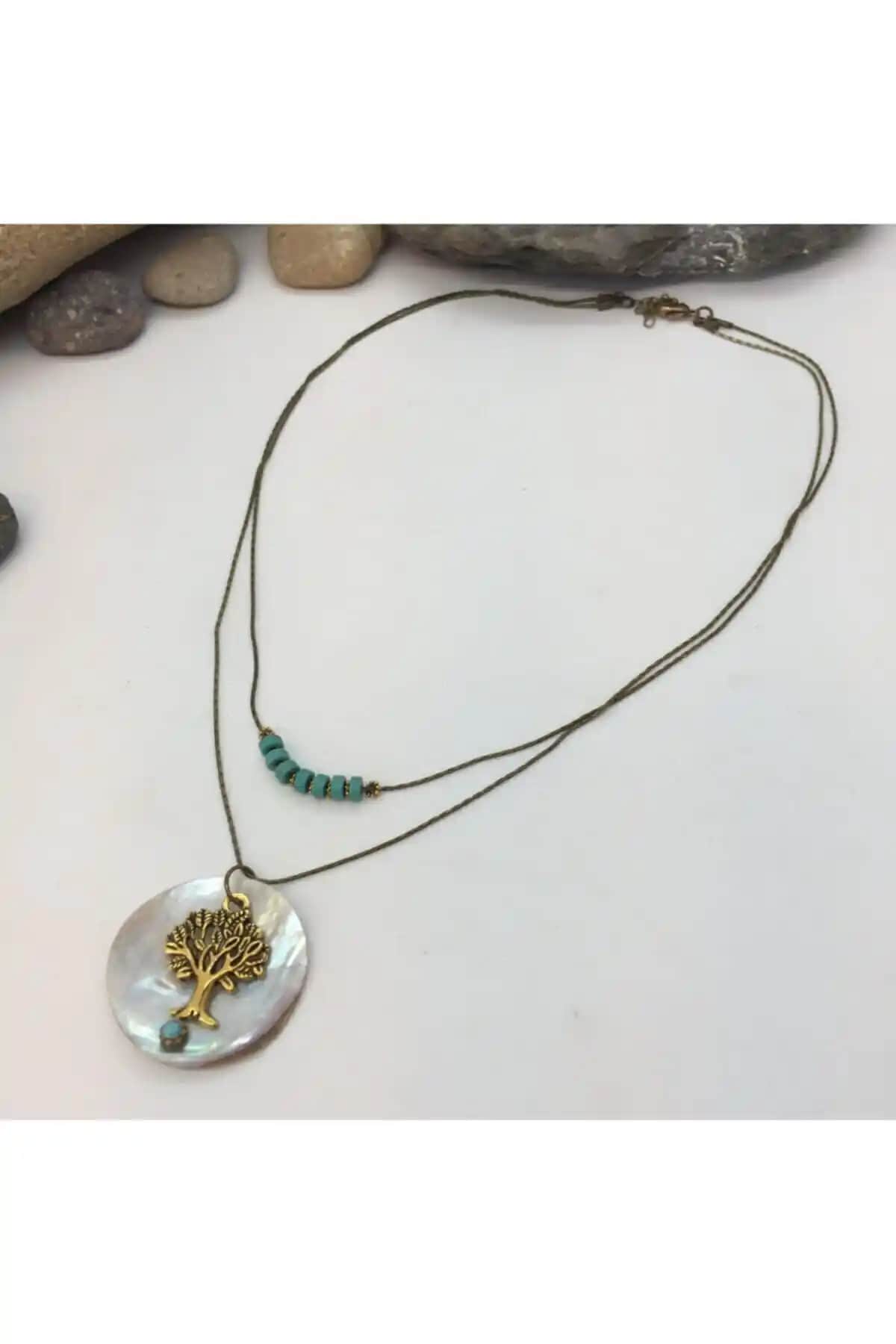 El Yapımı Hayat Ağacı Sedef Kolye - Doğal Taş ve Pirinç Malzeme ile Şık Tasarım