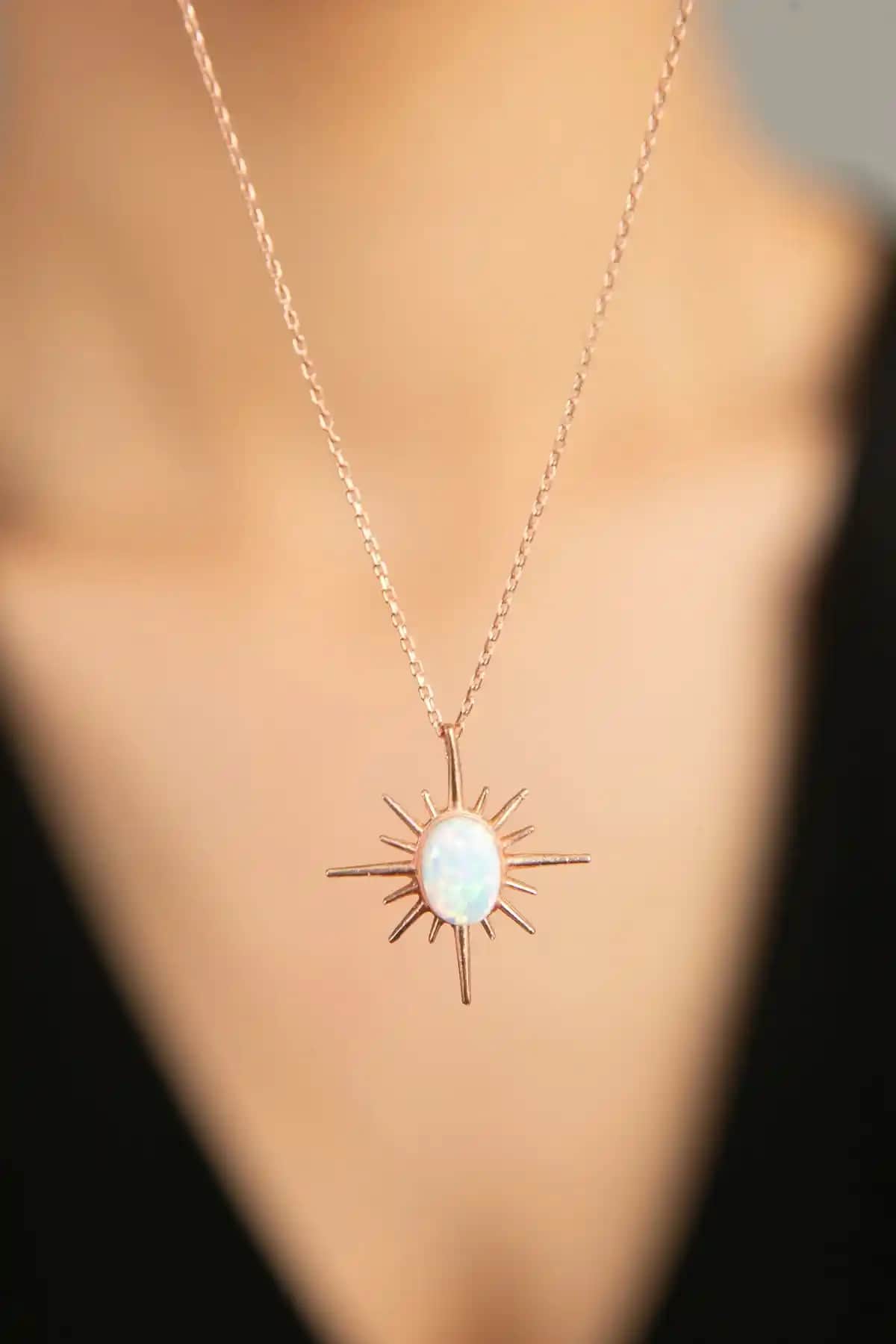 Elika Silver Opal Taş Detaylı Pusula Model 925 Ayar Gümüş Kadın Kolye