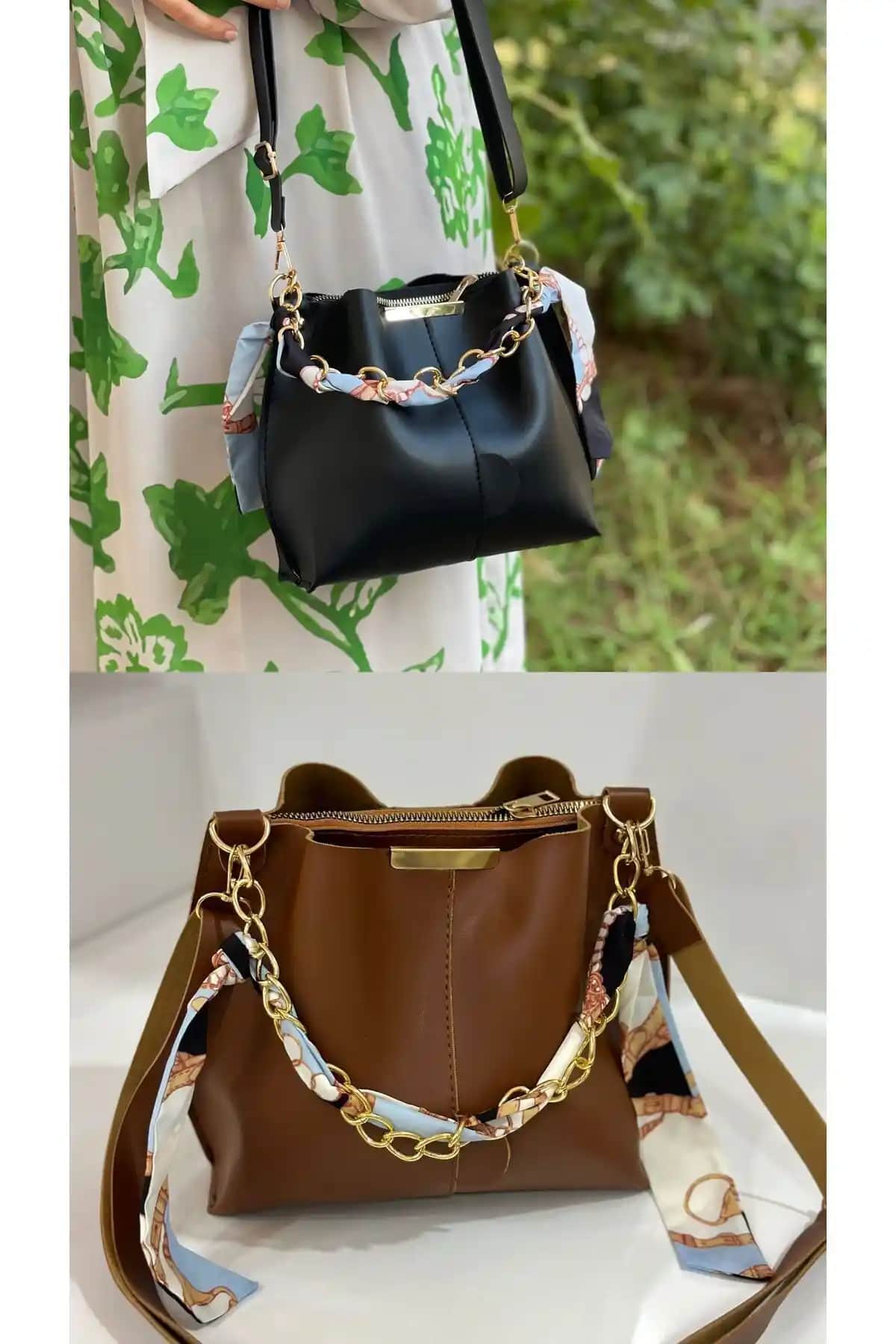 Estute Kadın 2'li Paket Fularlı Zincir Aksesuarı ile Şık Yuvarlak Deri Çanta Çeşitleri