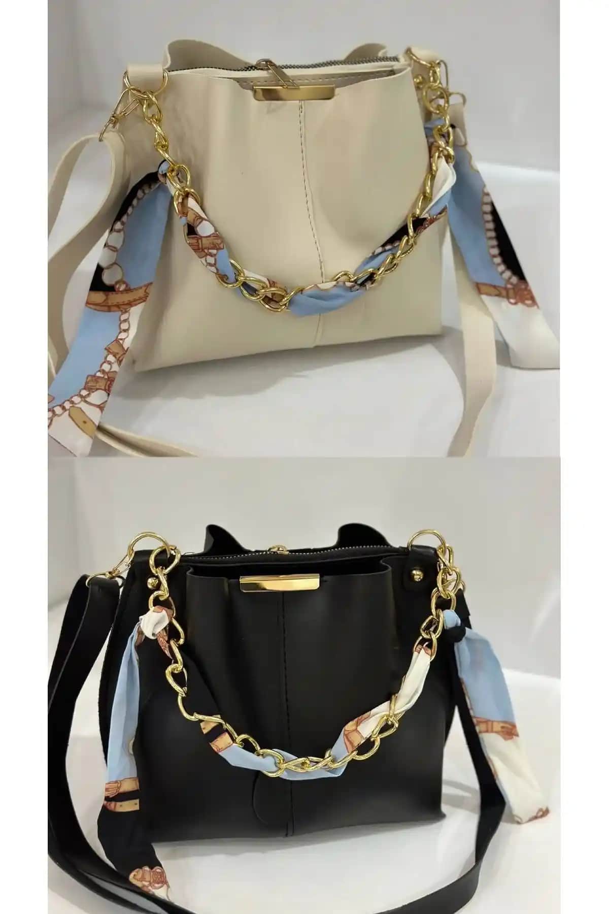 ESTUTE Kadın 2'li Paket Fularlı Zincir Aksesuarı Yuvarlak Deri Çanta Seti