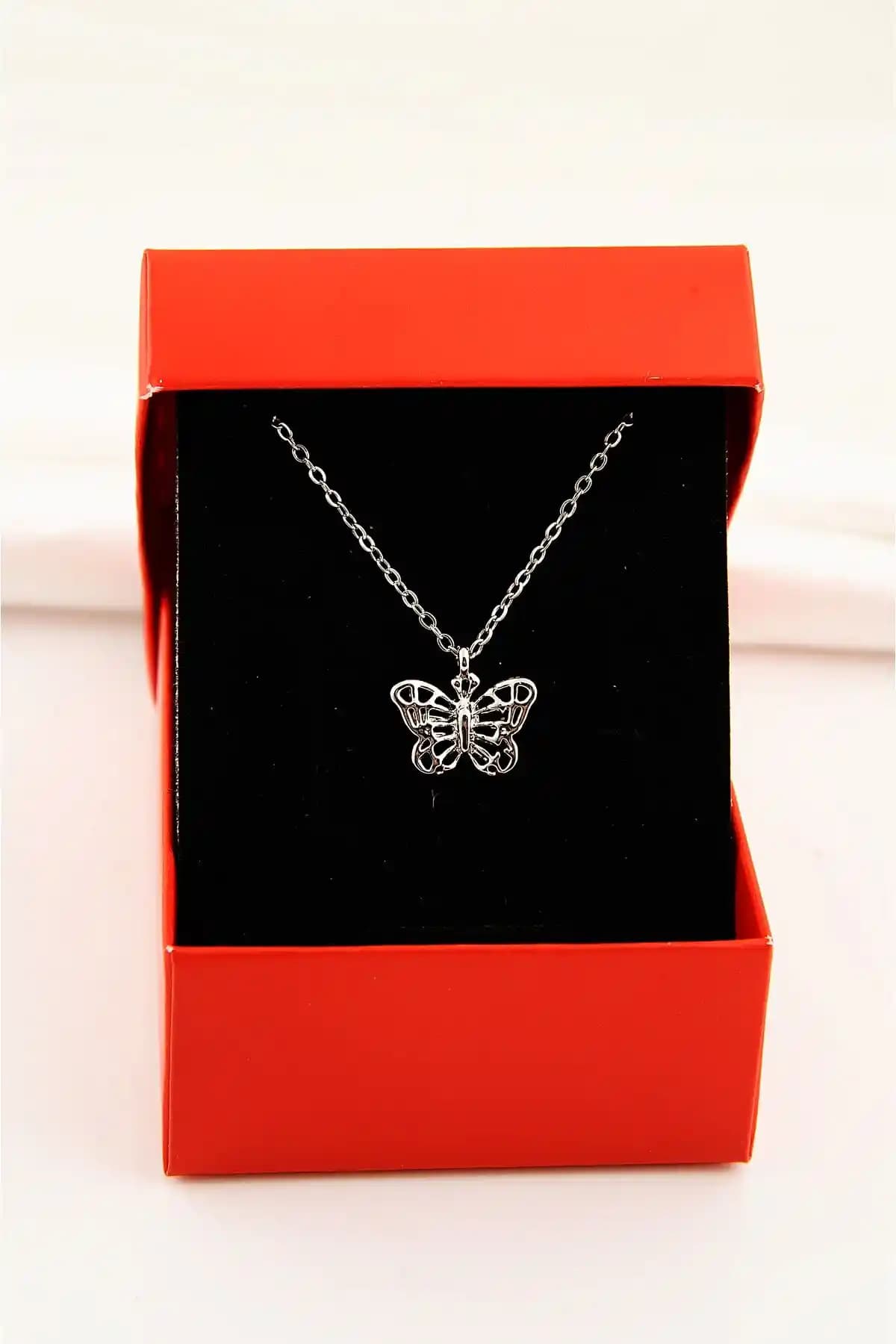 EUROMODA Kutulu Kelebek Tasarımlı Gümüş Renkli Kolye: Zarif ve Feminen Aksesuarlar