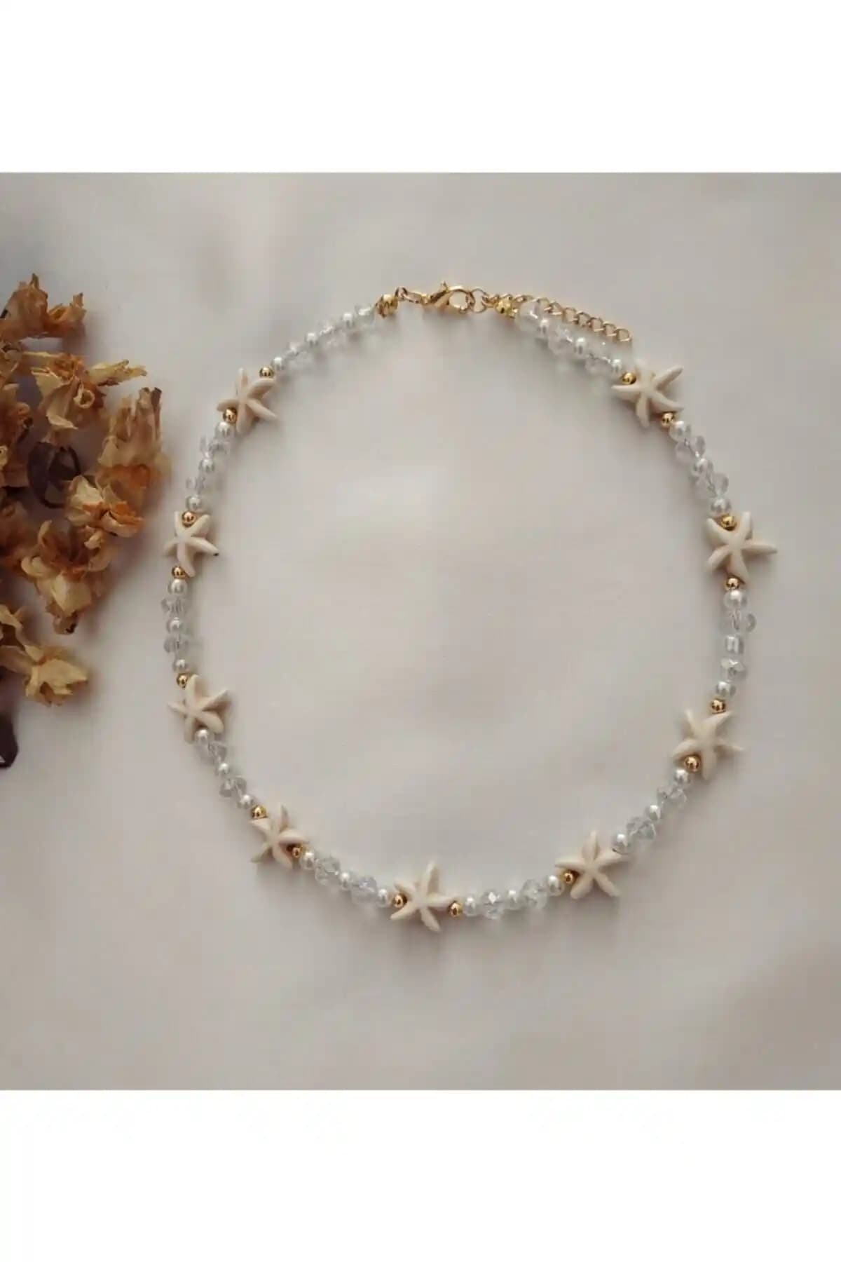 Fata Morgana Krem Doğaltaş Yıldızlı Kristal Boncuk Kolye Şık ve Zarif Tasarım