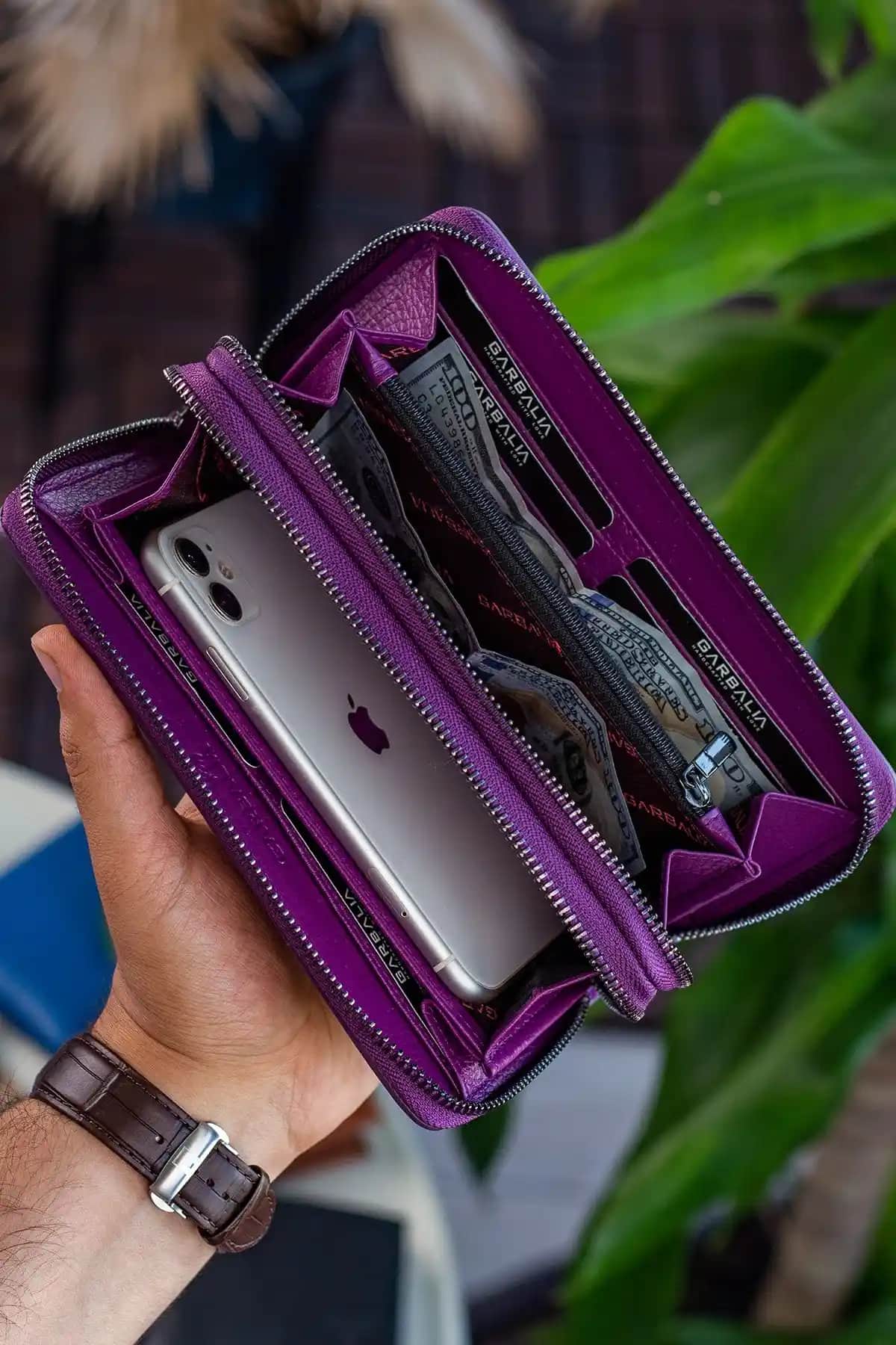 Garbalia Orleans Hakiki Deri Mürdüm Telefon Bölmeli RFID Engelleyici El Çantası