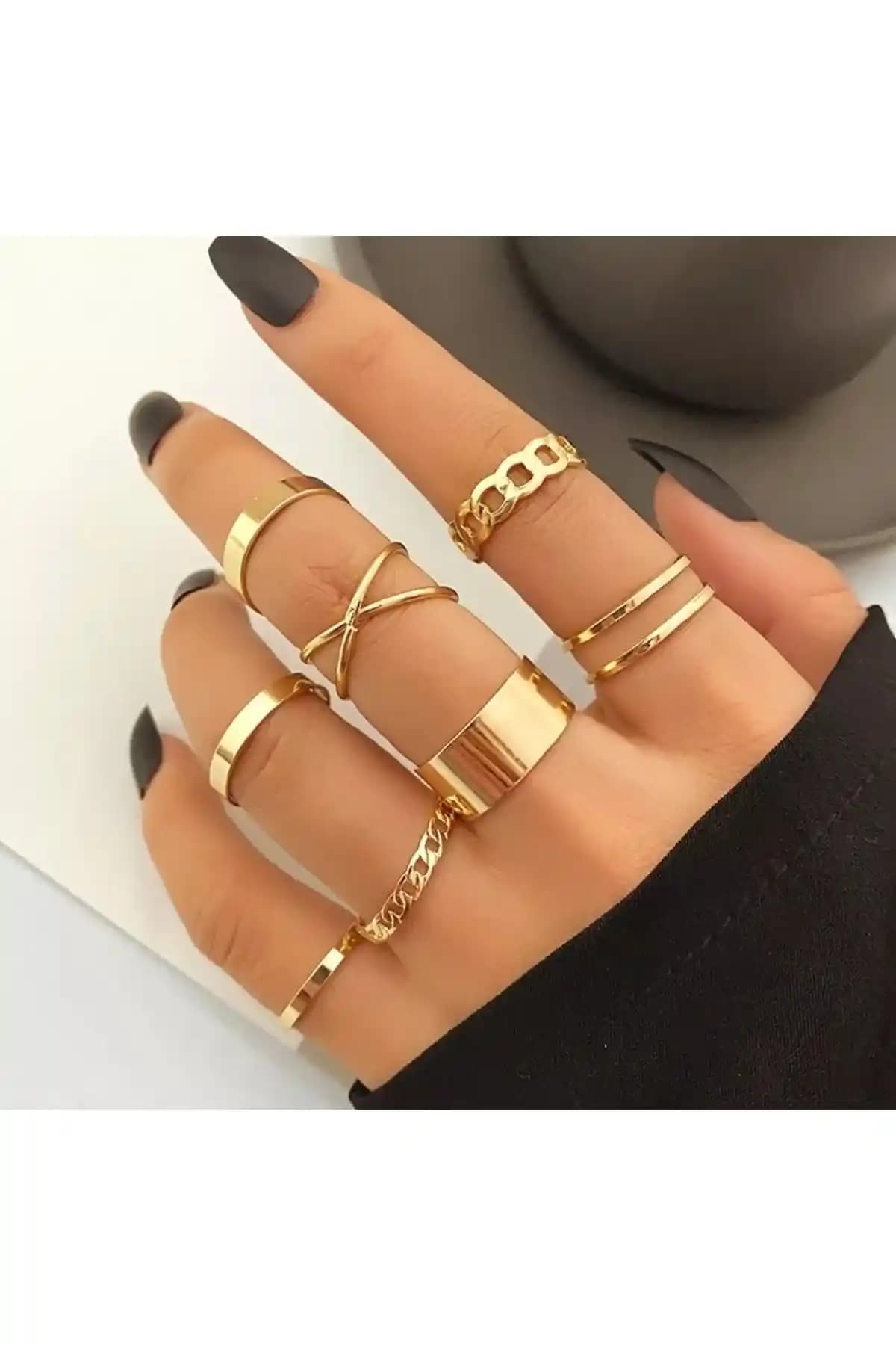 Genel Markalar Gold Seti Kadınlar İçin 10 Parçalık Altın Renkli Yüzük Koleksiyonu
