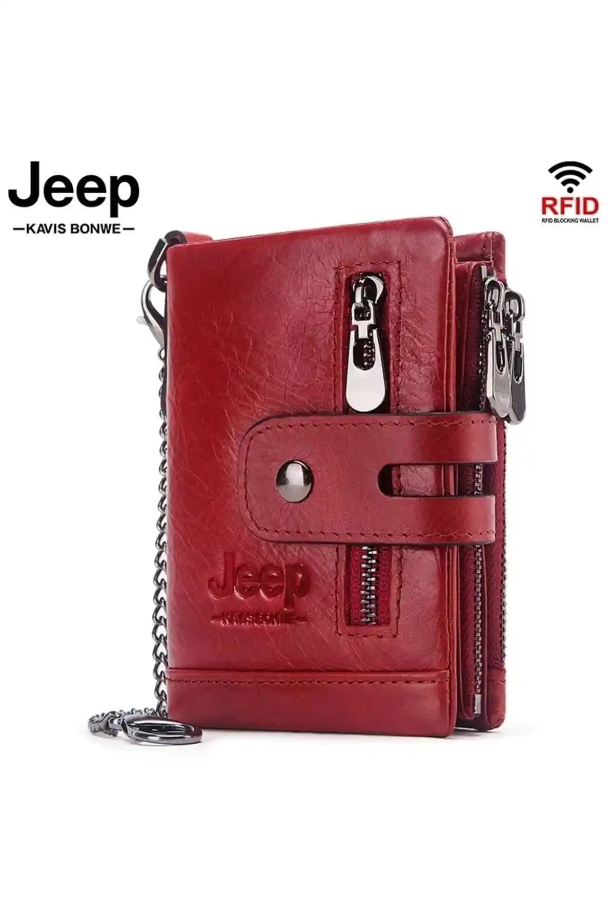 Genel Markalar Unisex Kırmızı Hakiki Deri Cüzdan Geniş İç Hacimli ve Retro Tasarım