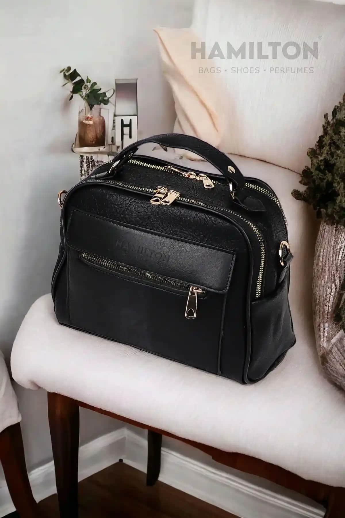 HAMILTON Kadın Çapraz ve Elde Taşınabilir Deri Dokulu Çok Gözlü Şık Çanta