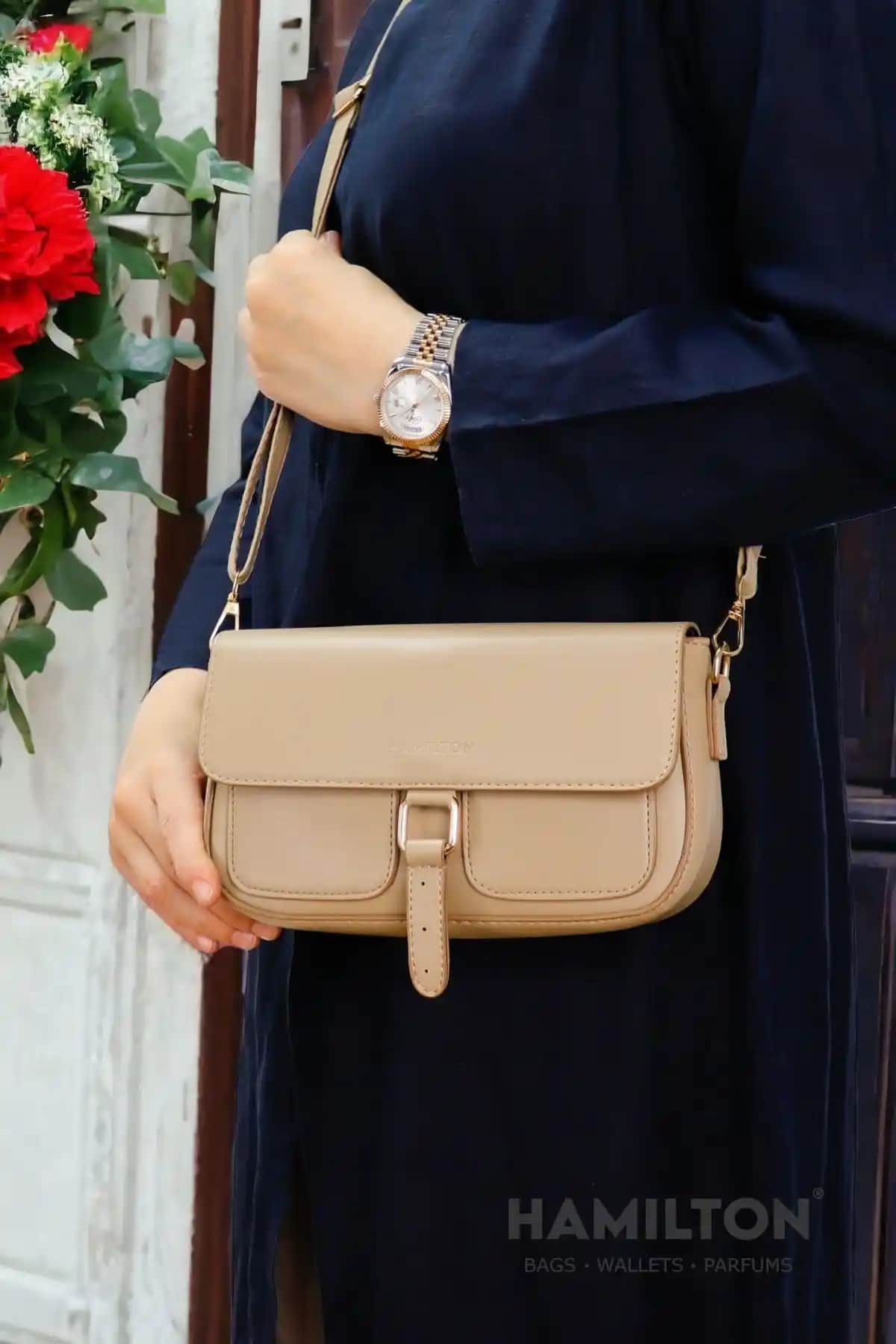 HAMILTON Orijinal Kadın Vizon Çapraz Askılı Astarlı Deri Çanta Günlük Kullanım İçin