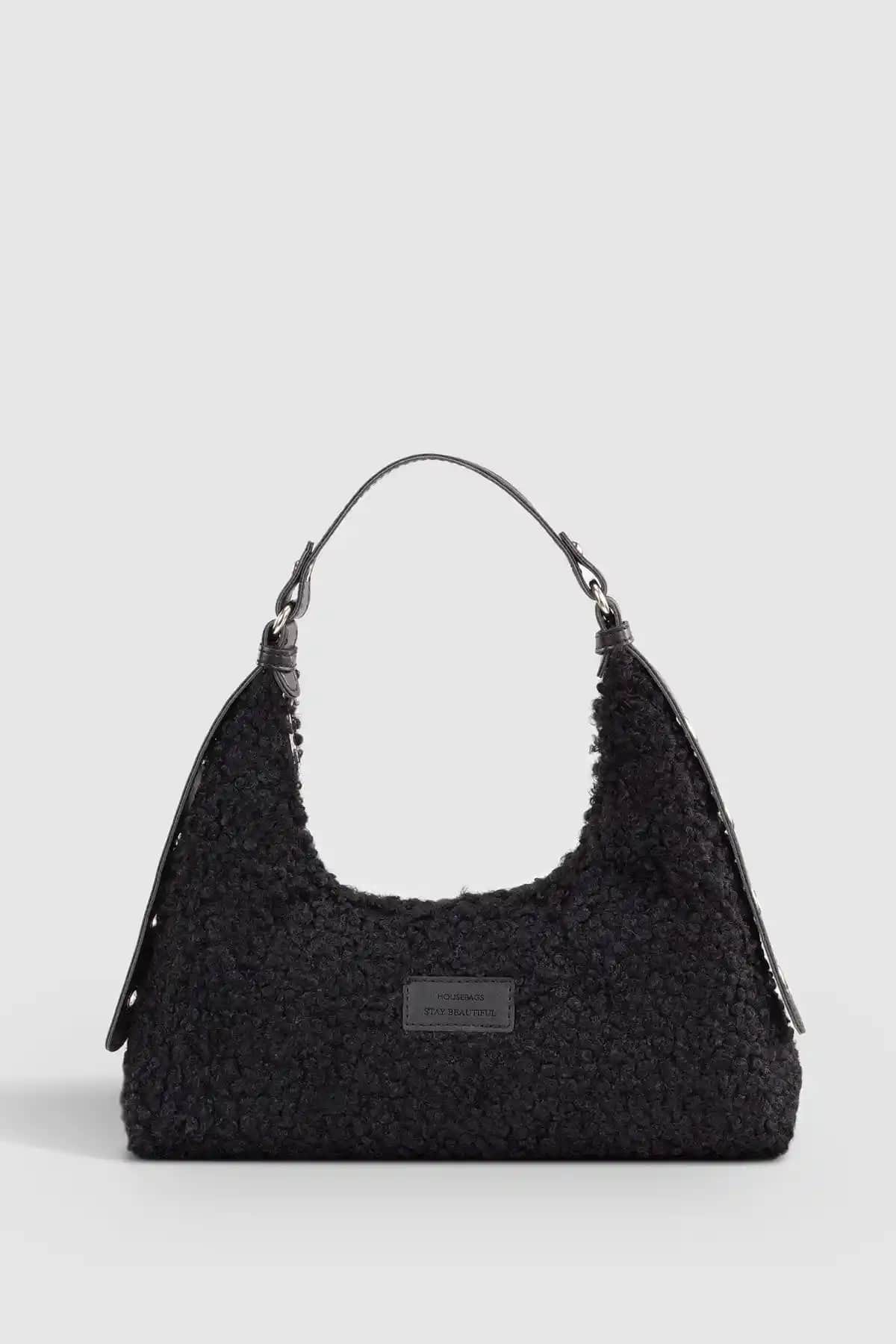 Housebags Siyah Suni Kürklü Dokuma Çanta - Şık ve Dayanıklı Günlük Kadın Çantası