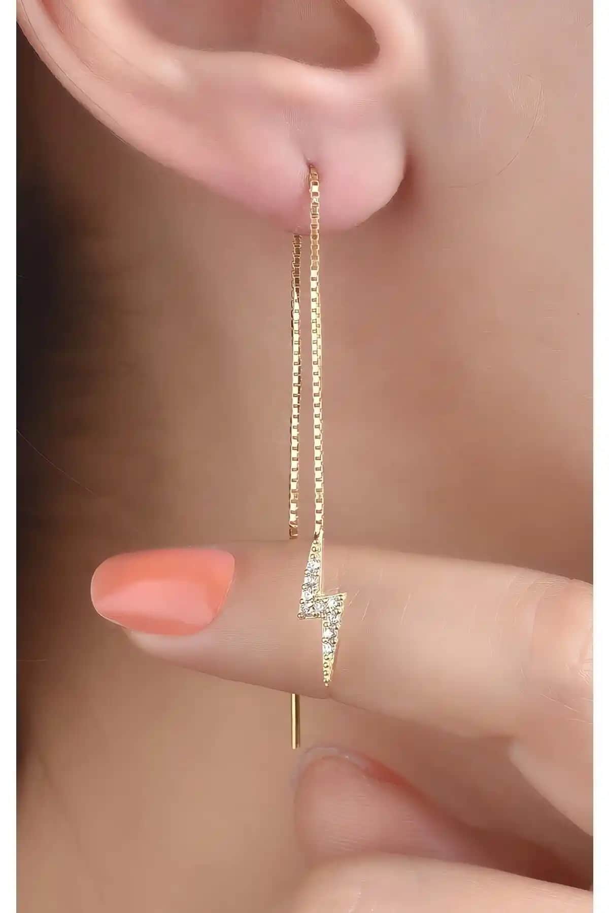 Jelux Silver Gümüş 925 Ayar Zirkon Taşlı Asansör Zincir Şimşek Model Küpe