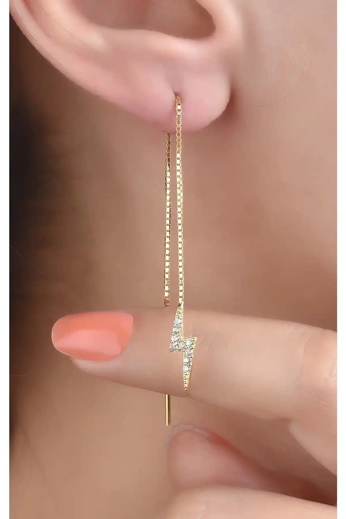 Jelux Silver Gümüş 925 Ayar Zirkon Taşlı Asansör Zincir Şimşek Model Küpe