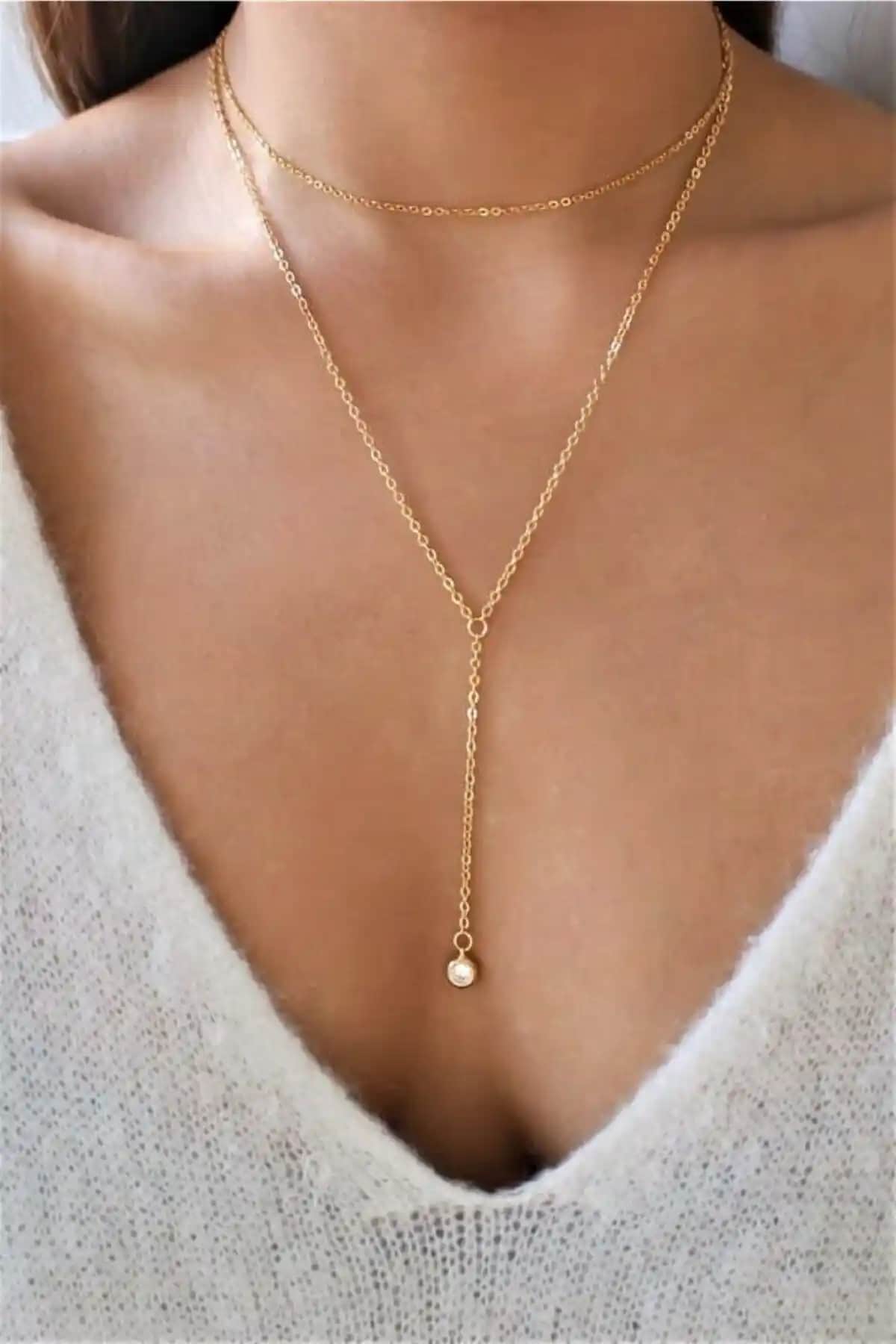 Kadınlar İçin Modern ve Zarif Altın Kaplama Uzun Zincir Kolye Çiftli Set