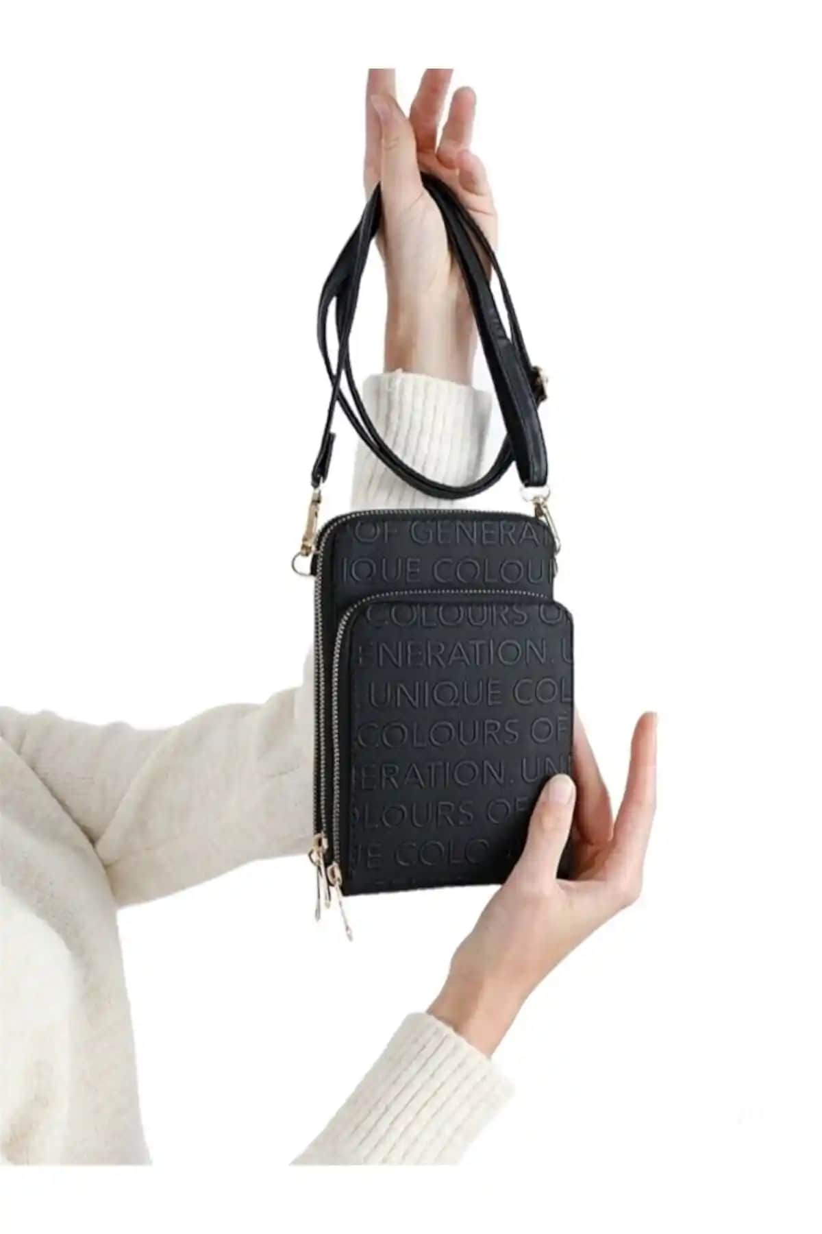 Kadınlar İçin Siyah Çapraz Askılı 3 Bölmeli Suni Deri Günlük Çanta