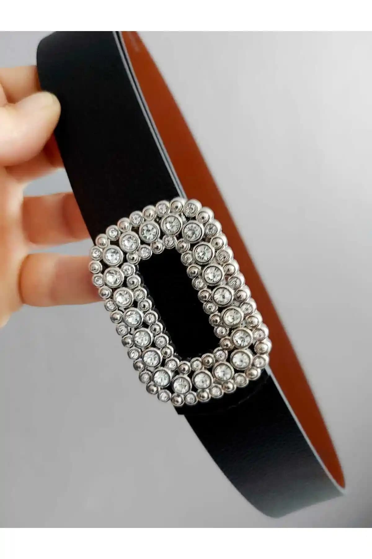 Kemerix Kın Taşlı Gümüş Tokalı Çift Taraflı Siyah-taba Kemer İnce Detaylar ve Kalite