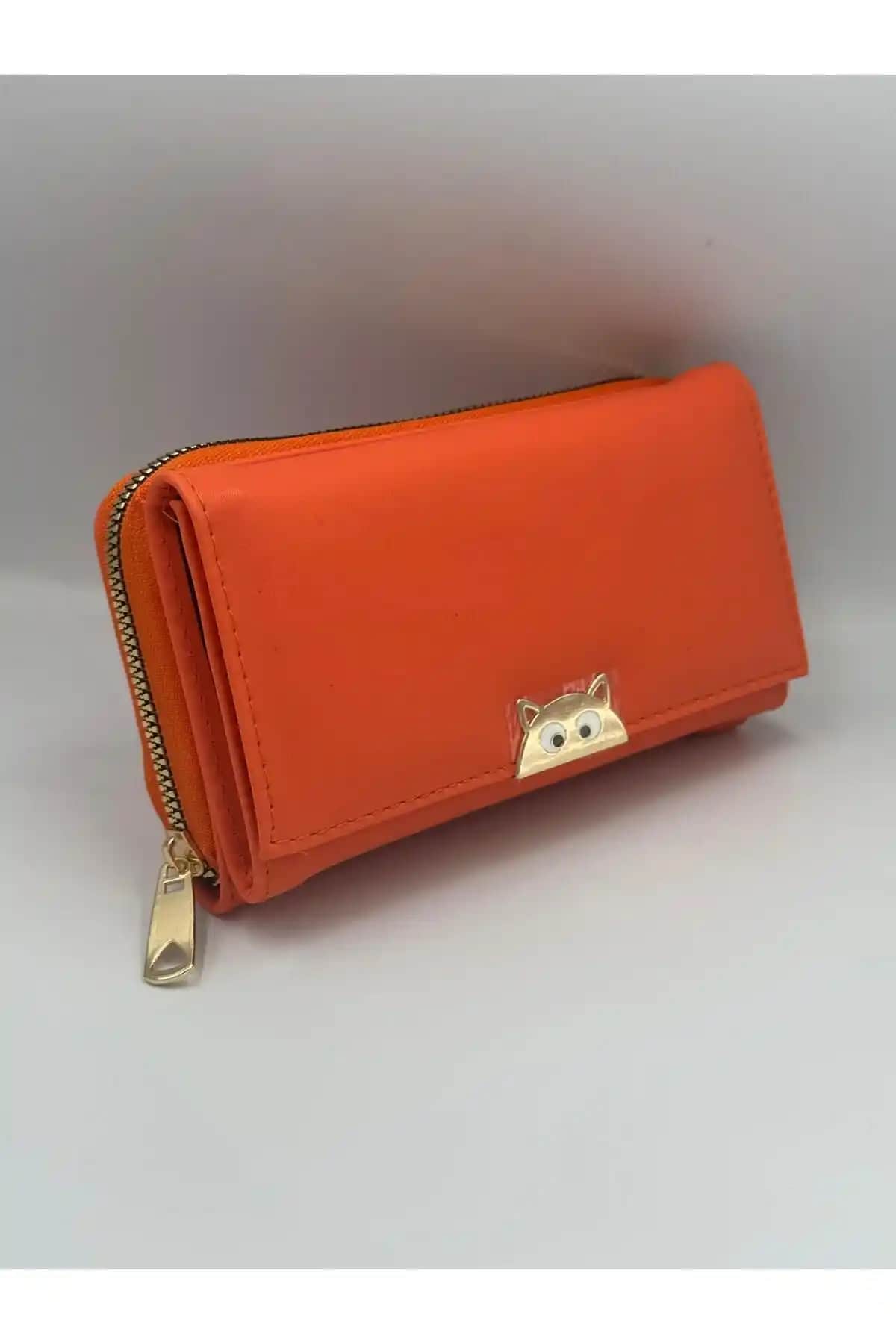 KIRASE Kadın Turuncu Kedi Detaylı Büyük Boy Cüzdan Günlük Kullanım İçin Şık ve Fonksiyonel
