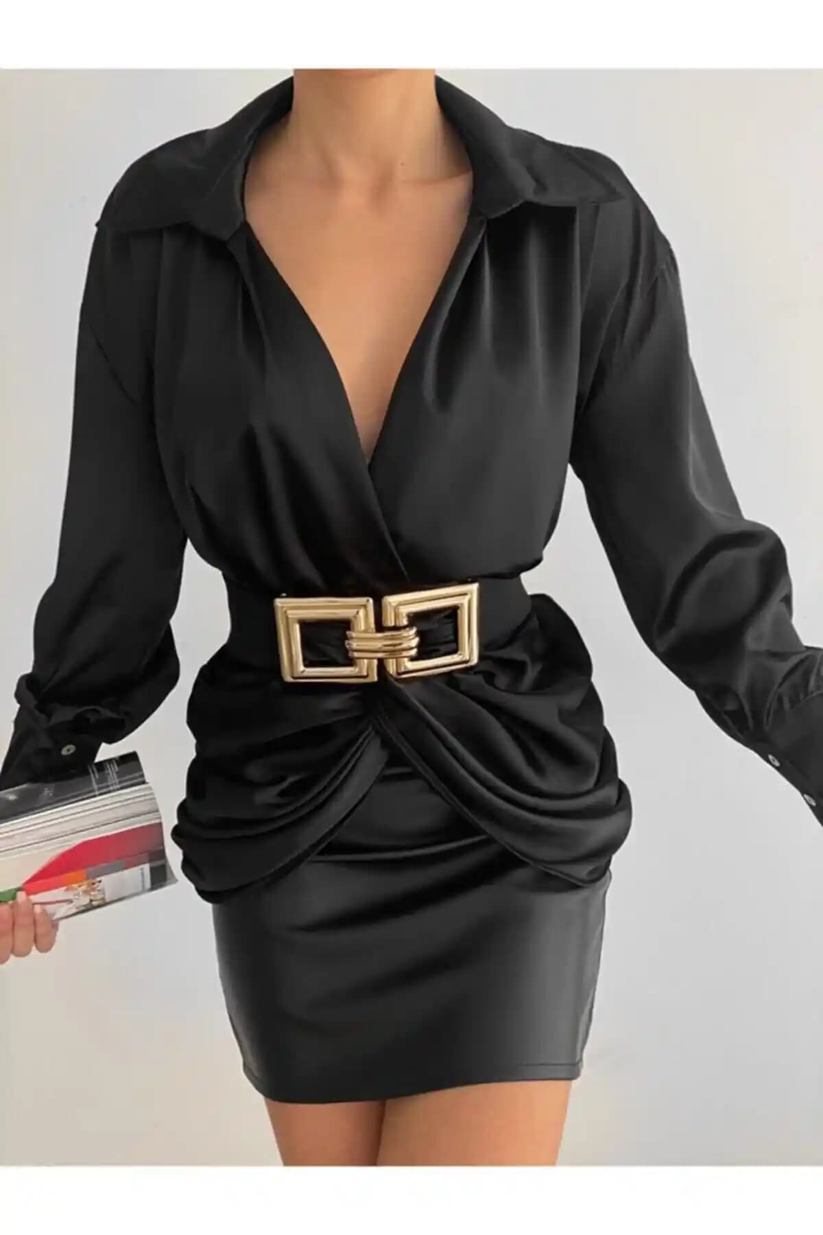 Laughs Siyah Gold Geçmeli Kare Toka Lastikli Elbise ve Ceket Kemeri - Modern ve Şık Kadın Aksesuarı