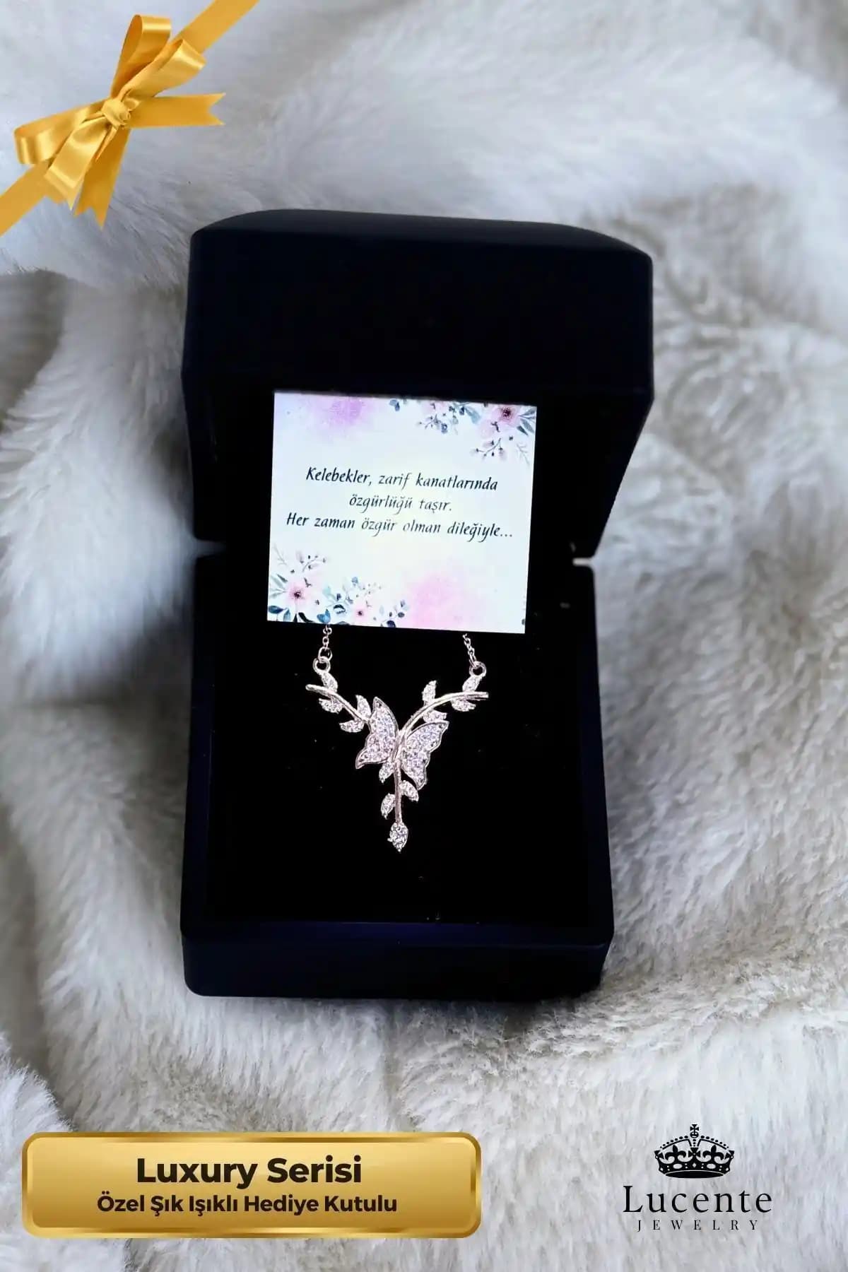 Lucente Jewelry Luxury Serisi Gümüş Kelebek Kolye Hediye Kutulu Estetik Tasarım