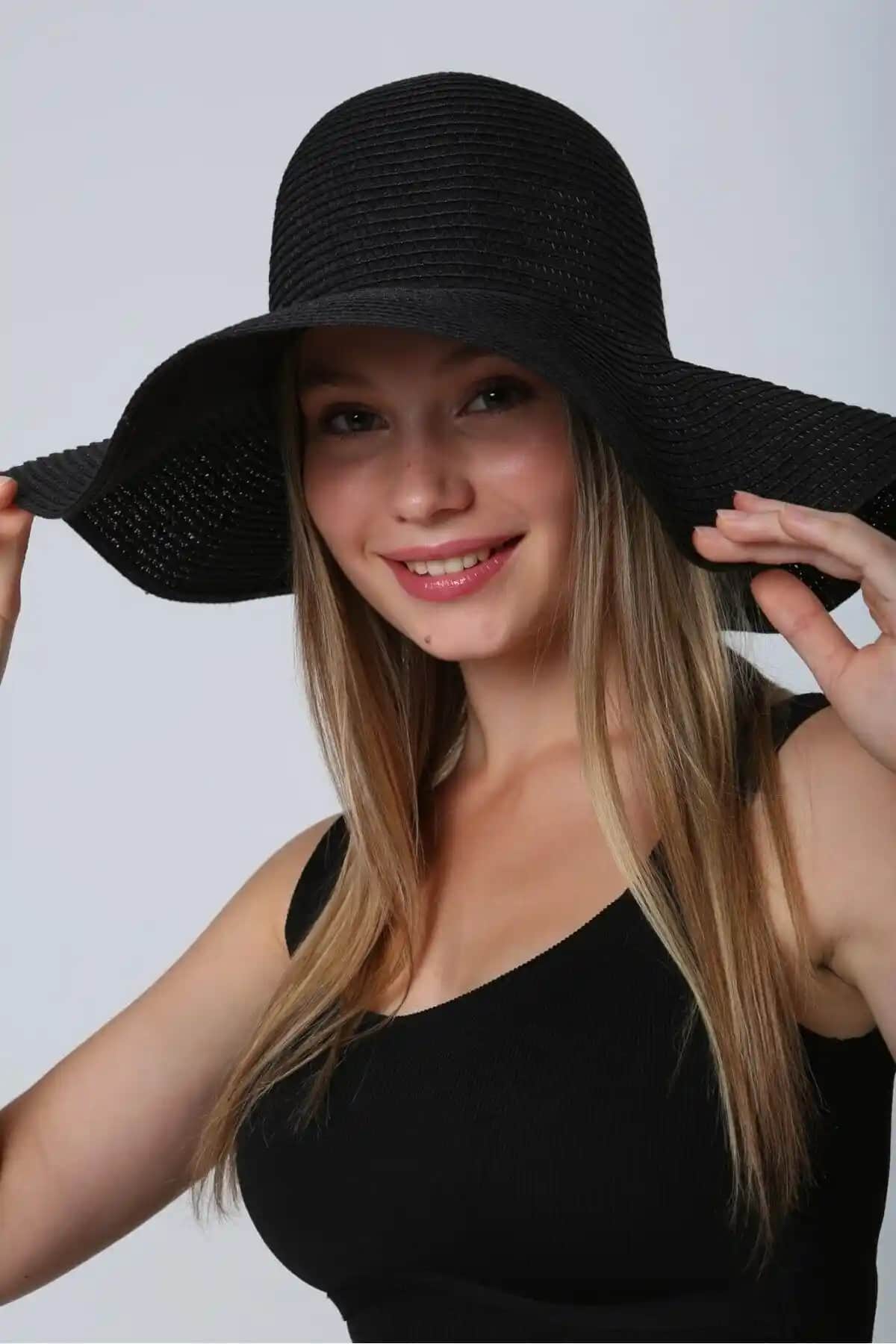 Luminos Geniş Kenarlı Siyah Hasır Moda ve Fonksiyonel Yaz Şapkası