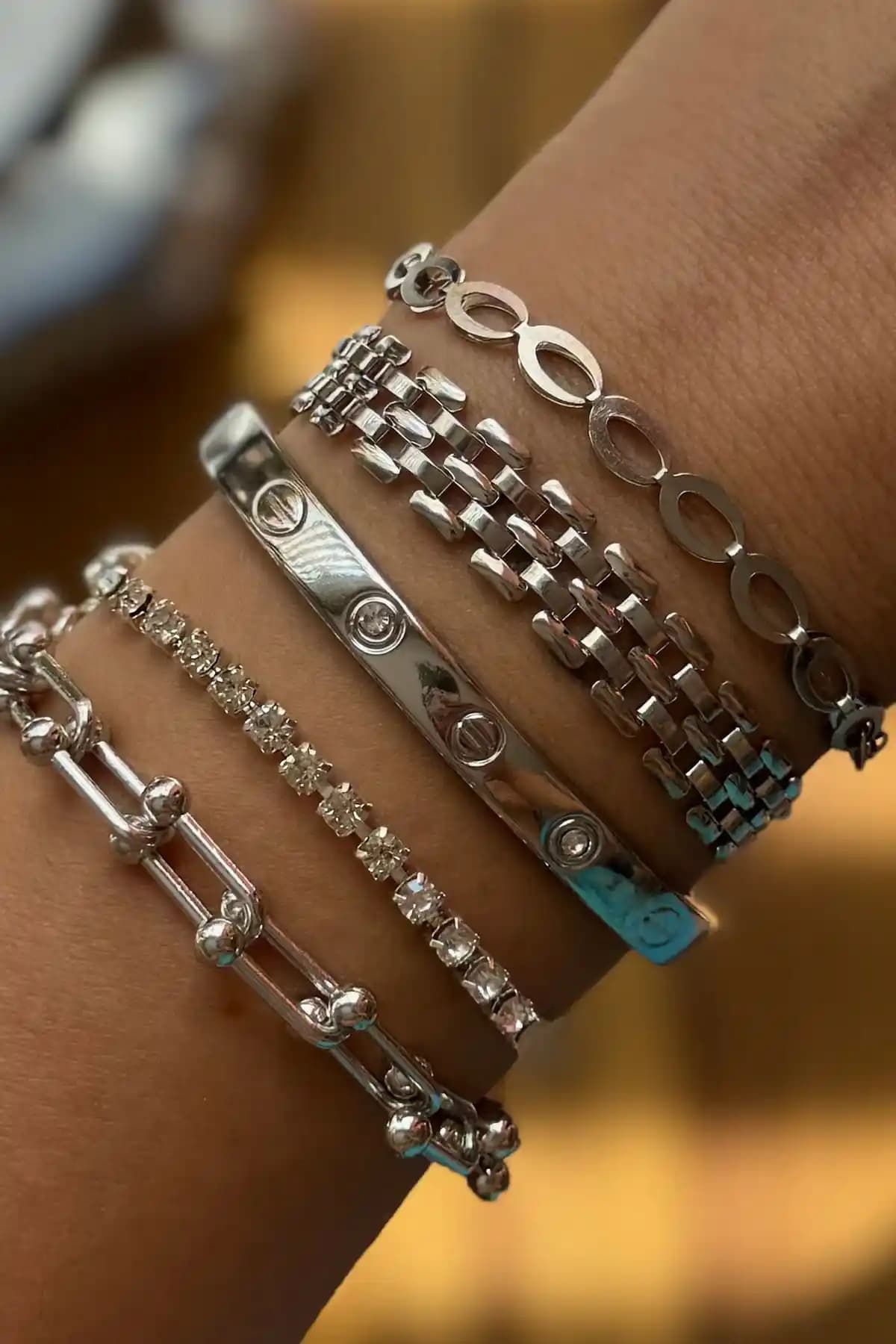 Onouqo 5'li Gümüş Kaplama Zirkon Taşlı Bileklik Takı Seti Günlük ve Özel Kullanım İçin