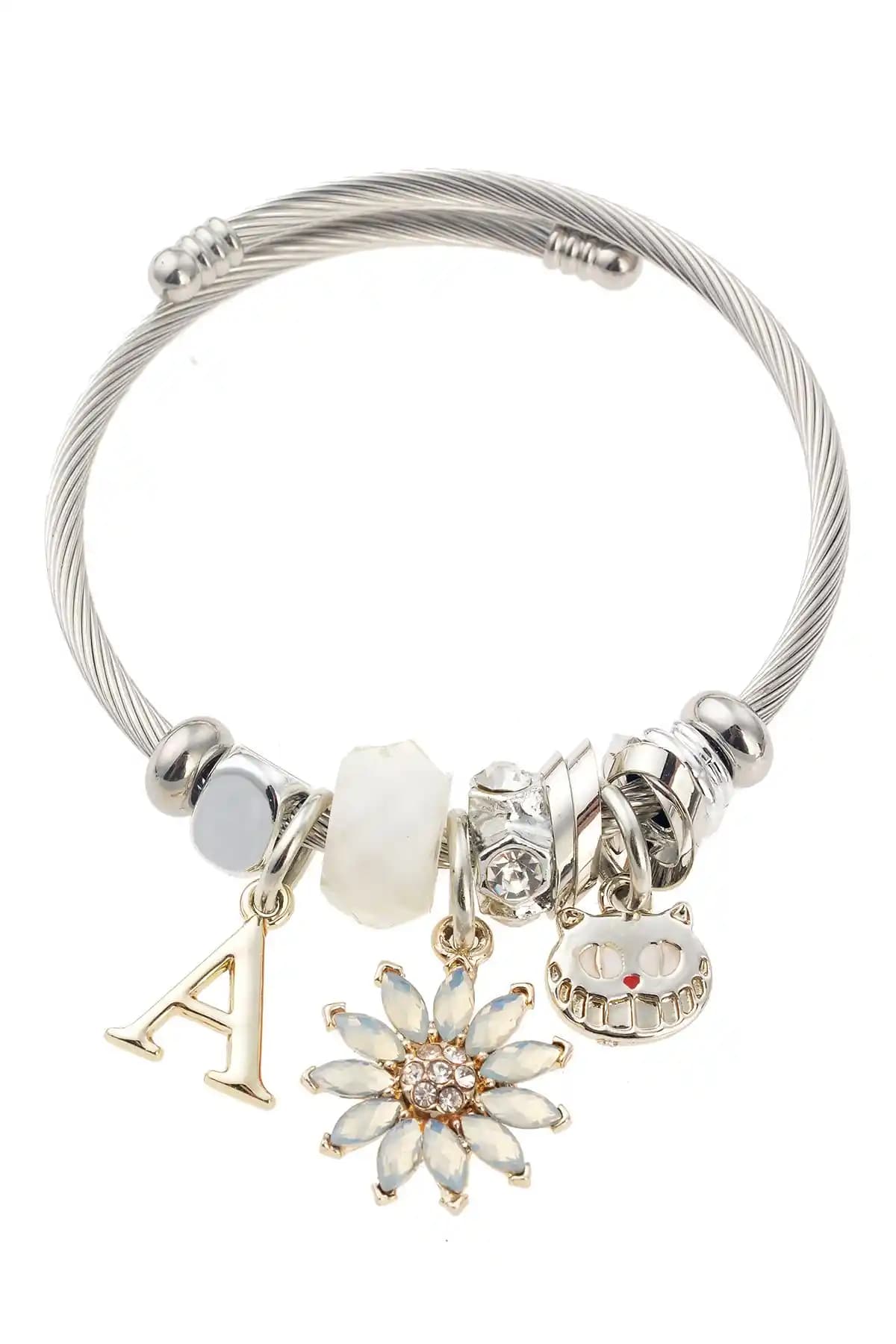 Pelin Aksesuar Krem Renkli Kedi Figürlü Silver Bileklik Zarif ve Özgün Tasarım