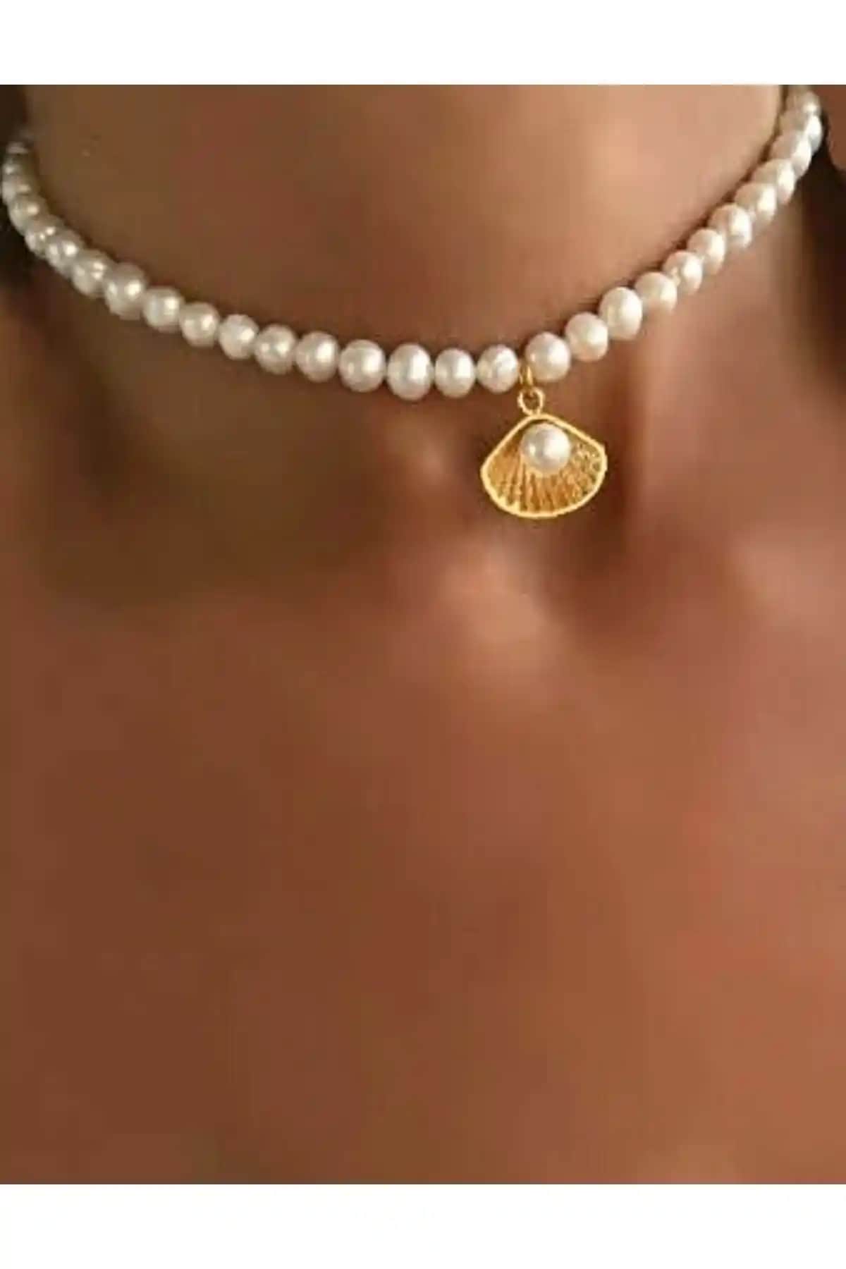 PETEK AKSESUAR Beyaz İnci Deniz Kabuğu Choker Kolye Kadın Aksesuarları