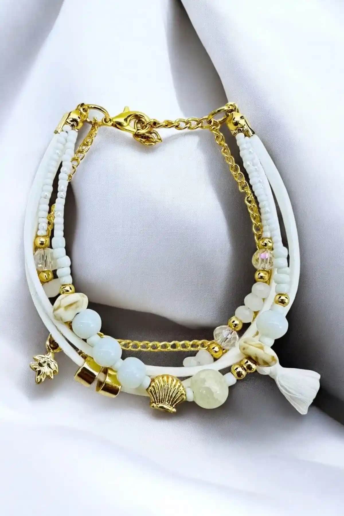 Petek Aksesuar Etnik Bohem Çoklu Bileklik İnci Doğal Taş Beyaz Şık Kadın Takısı