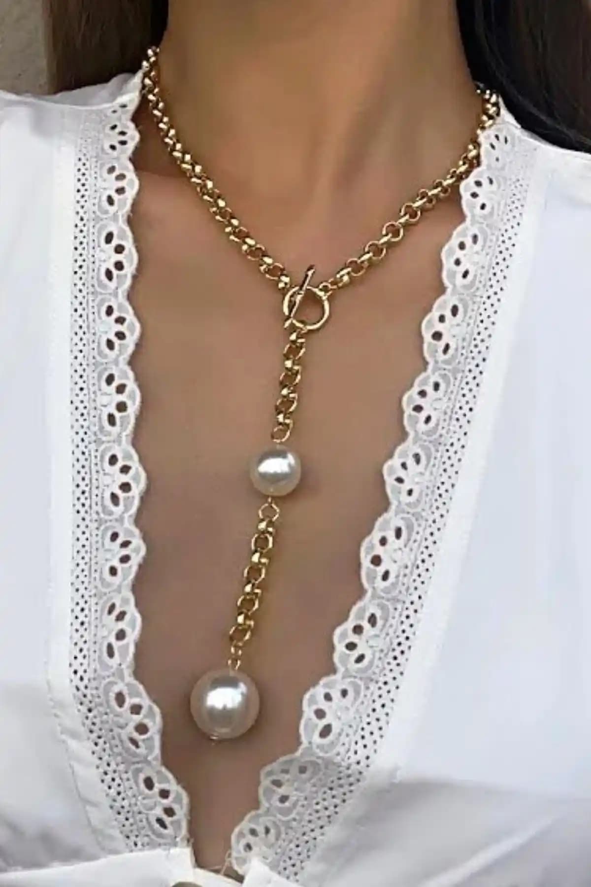 PETEK AKSESUAR Metal Uzun Zincirli İnci Kolye Altın Kaplama Şıklık ve Zarafet İçin Uygun