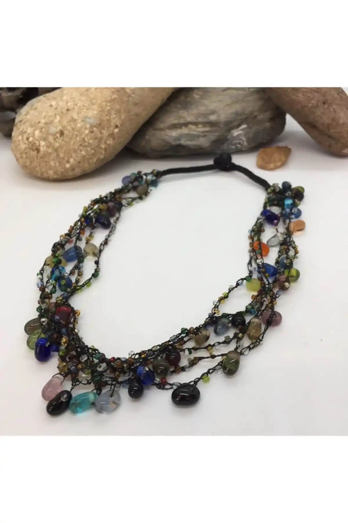 Porsuk El Yapımı Etnik Renkli Cam Boncuk Kolye, Vintage ve Otantik Tarzda Stil Katıcı Takı