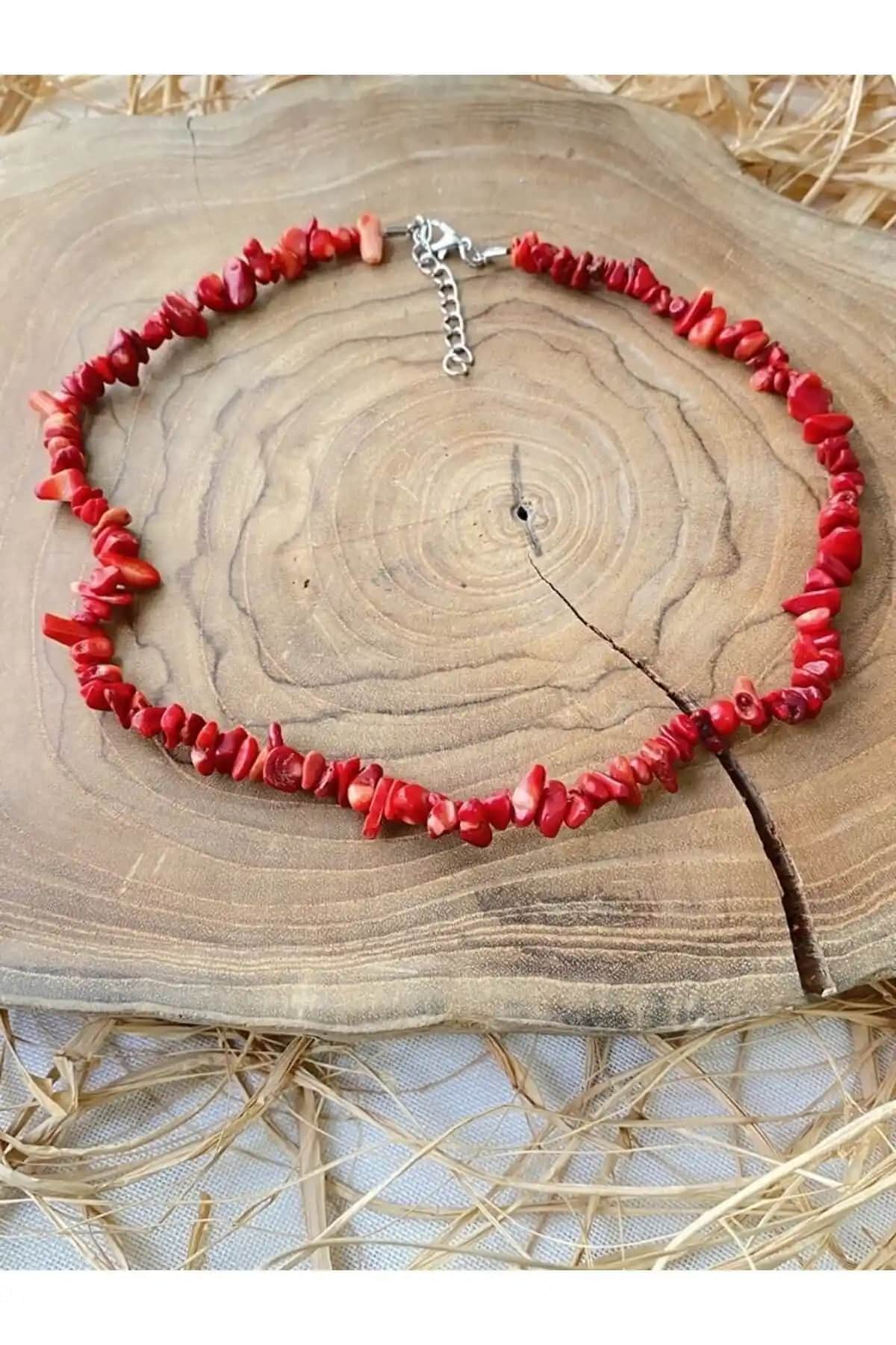 SARRAF Doğal Mercan Taşı Kırık Doğaltaş Kadın Kolye Doğal ve Estetik Tasarım