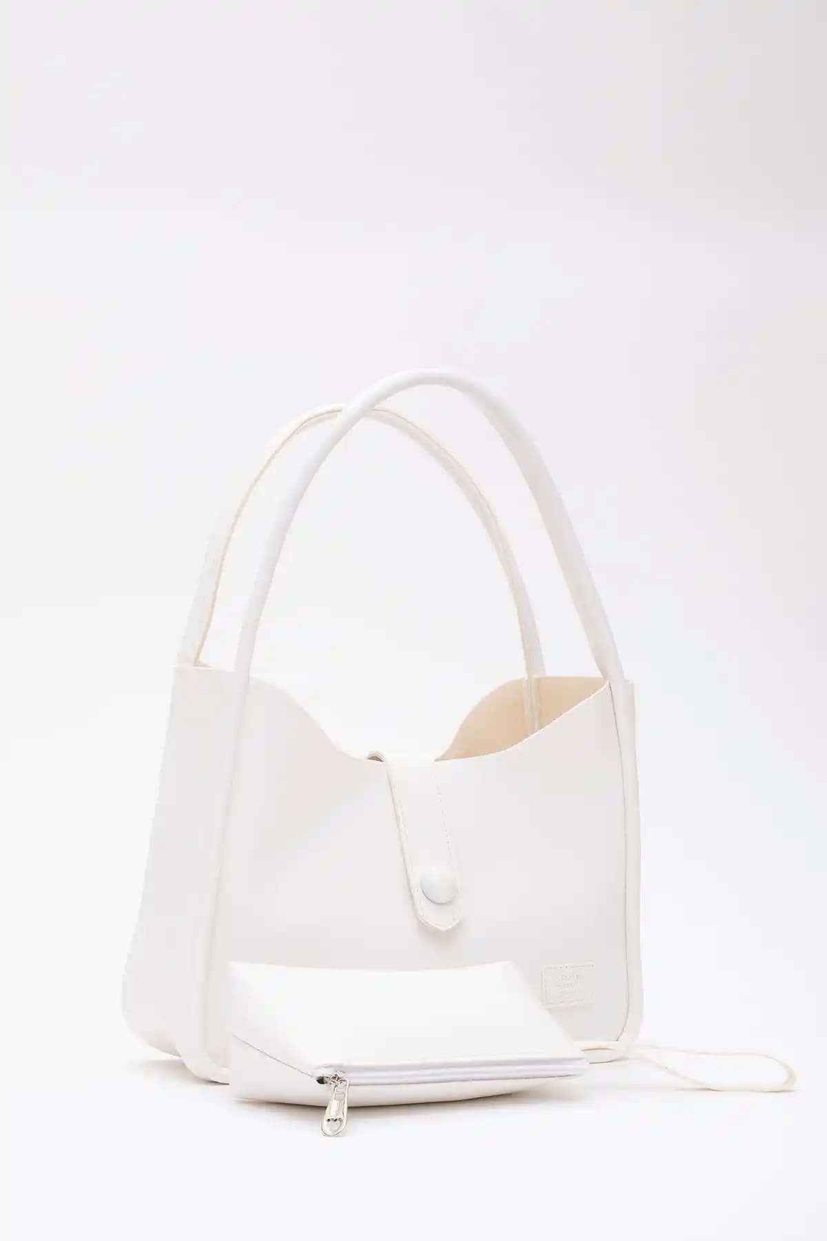 Shaka Beyaz Deri Düğme Detaylı Makyaj Çantası Günlük ve Seyahat Kullanımı İçin Uygun