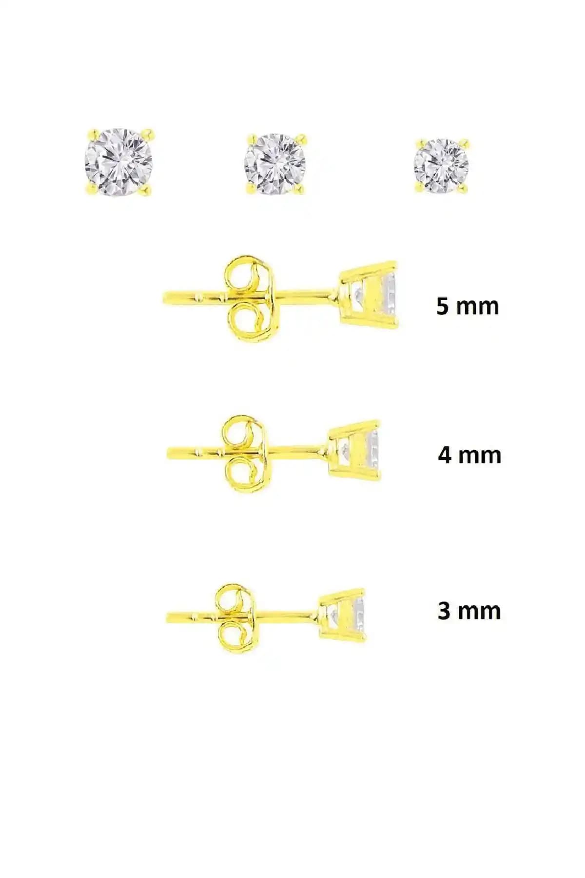 Söğütlü Silver Gümüş Altın Yaldızlı Pırlanta Tektaş Küpe Seti 3 Boyutlu Modern Tasarım