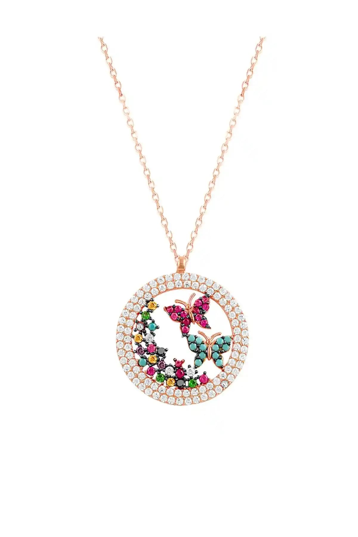 Söğütlü Silver Kadın Renkli Kelebek Kolye 925 Ayar Gümüş SGTL7396