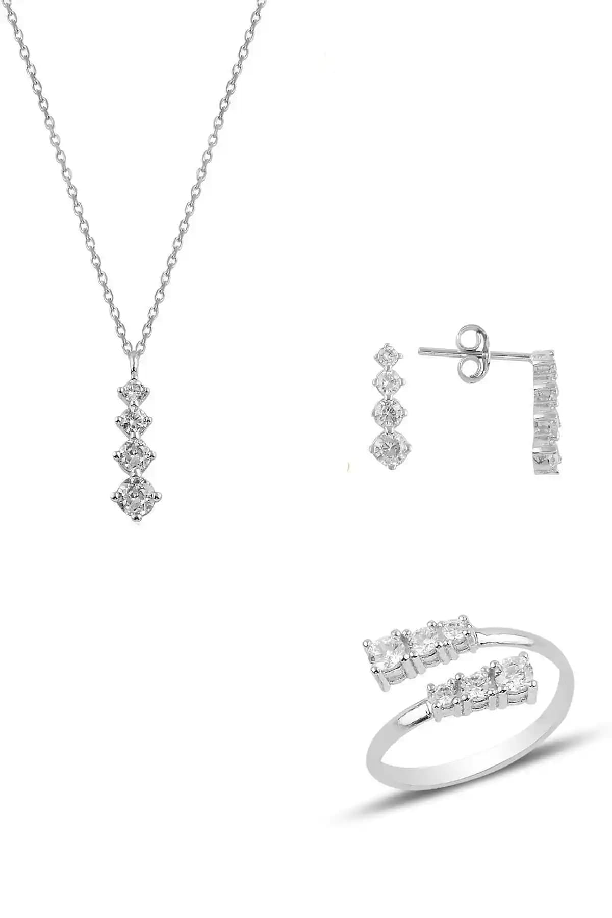 Söğütlü Silver Pırlanta Modeli Üçlü Takı Seti Gümüş ve Zirkon Detaylı