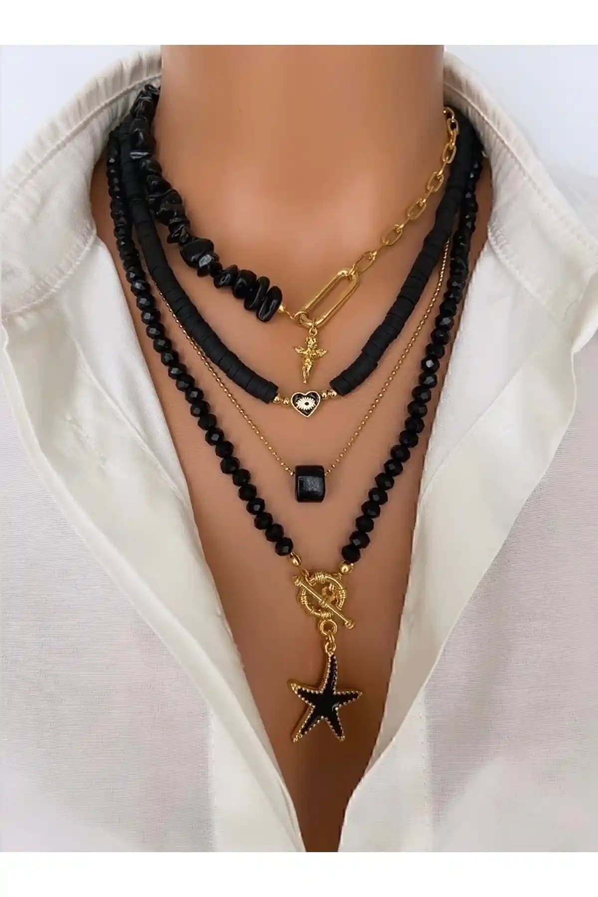 Trend Jewelry Siyah Doğaltaş Çoklu Kolye Kadınlar İçin Şık ve Dayanıklı Takı Seçeneği