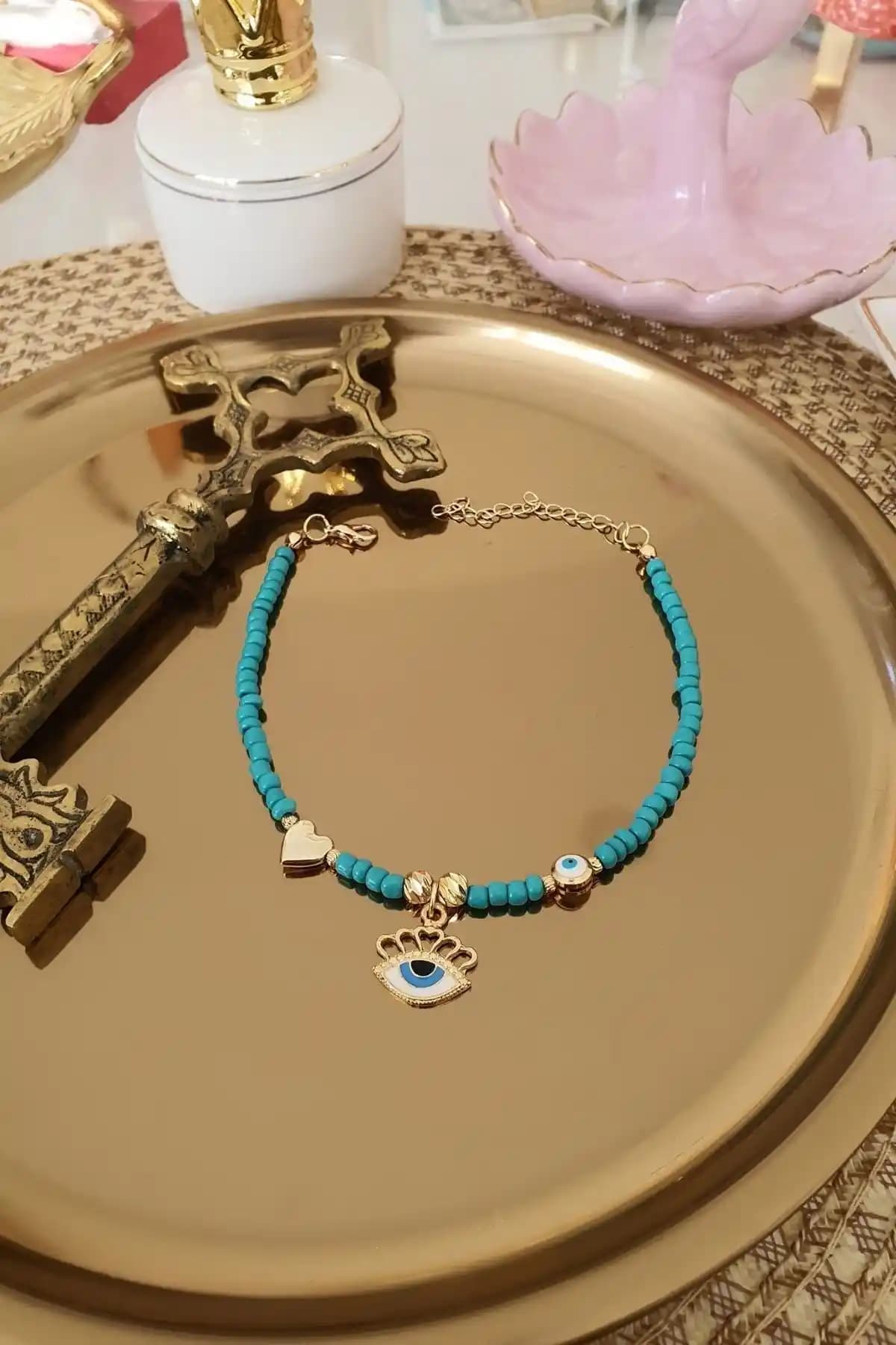 Trendy Butik Turkuaz Boncuklu Kalp Göz ve Nazar Aparatlı Halhal Ürün İncelemesi