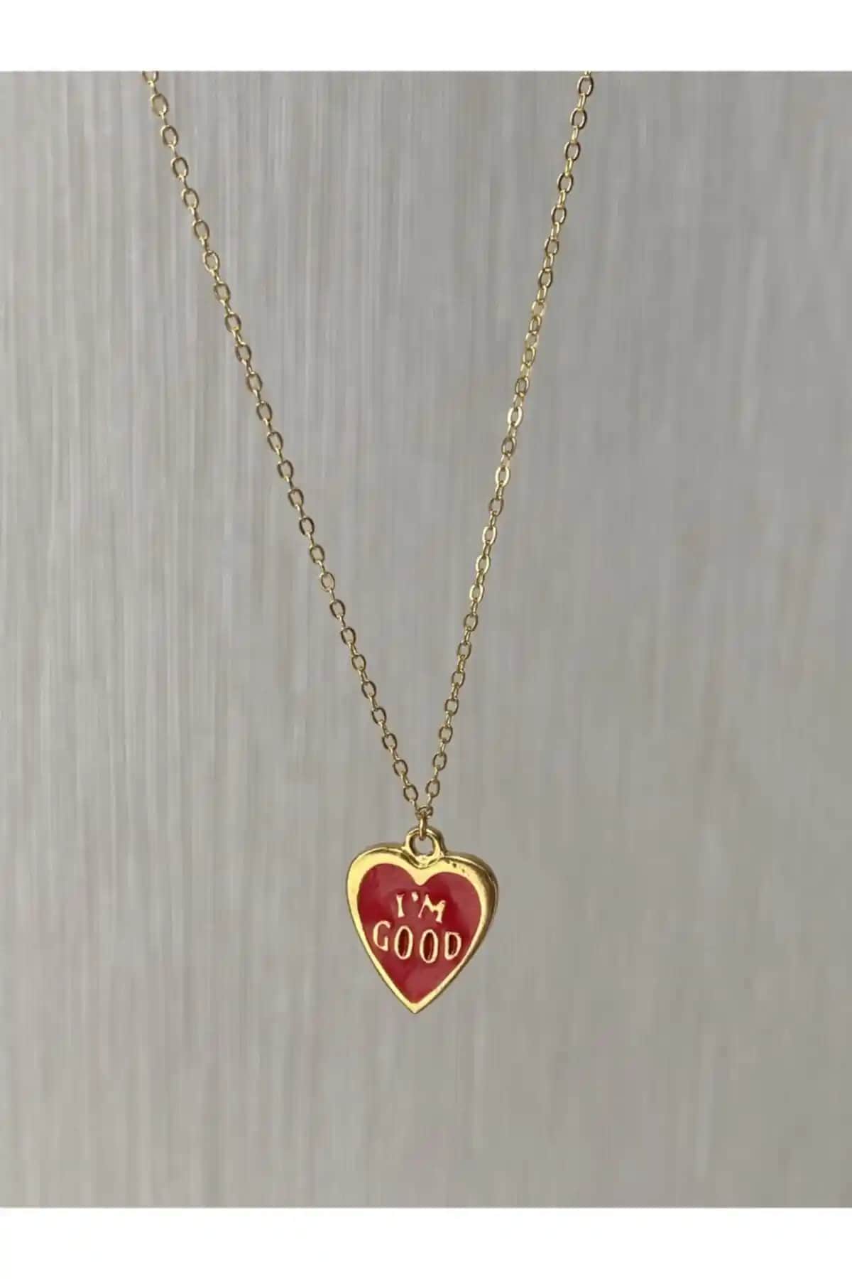 Vi Store Jewelry Kırmızı Mineli I’m Good Yazılı Kolye Şık ve Zarif Günlük Takı Seçeneği