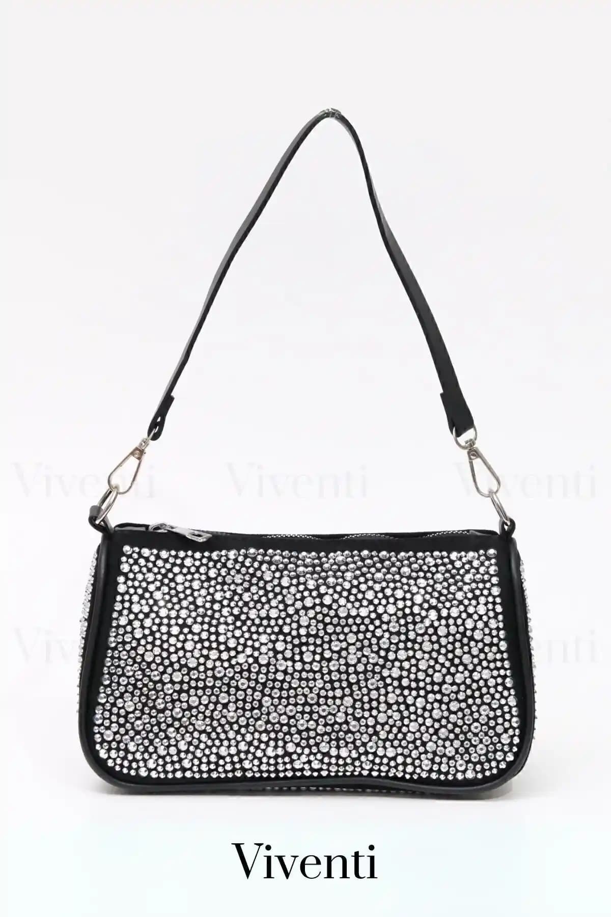 Viventi Kadın Premium Işıltılı Gümüş Taşlı Zincirli Siyah Çanta Günlük ve Davet Şıklığı