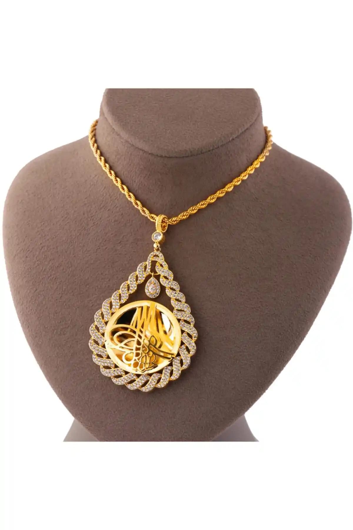 Yılz Gold İmitasyon 22 Ayar Altın Kaplama Halat Zincirli Taşlı Tuğralı Kolye