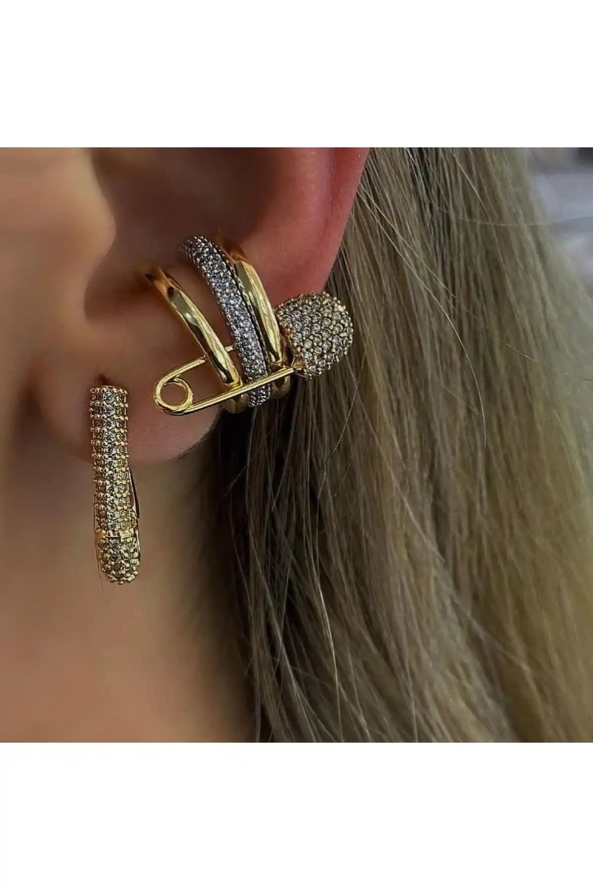 ZWEIG Çengel İğneli 3’lü Earcuff Modern ve Şık Altın Renkli Takı Seçeneği