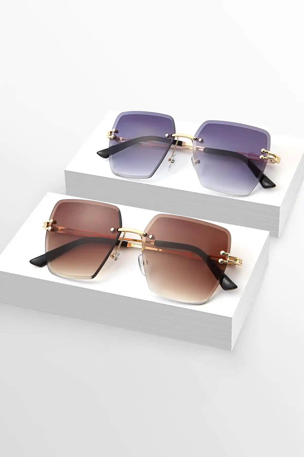 Zzla 2li Kare Kesme Kristal Siyah Kahverengi Güneş Gözlüğü Modern ve Koruyucu Tasarım