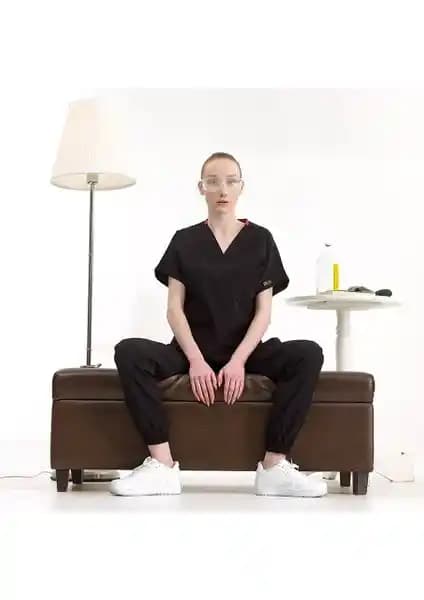 Çizgi Medikal Jogger Lüks Likralı Siyah Doktor Hemşire Forması Scrubs 75-90 karakter