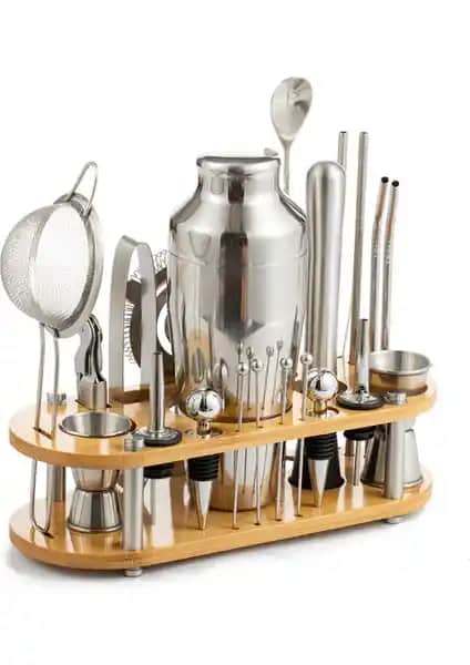 Kaleşi Bambu Standlı 23 Parça Profesyonel Paslanmaz Çelik Bar Aracı Seti