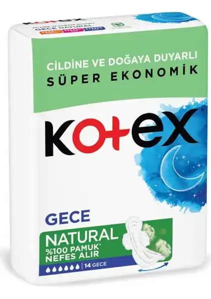 Kotex Natural Hijyenik Ped Pamuk Gece 14'lü Yüksek Emicilik ve Konfor Sağlayan Ürün