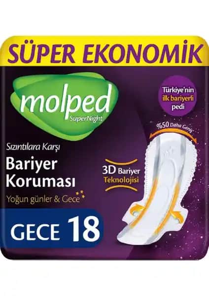 Molped Supernight Uzun Süper Ekonomik Ped 18'li, Gece Kullanımına Uygun ve Güvenilir Kadın Hijyen Ürünü